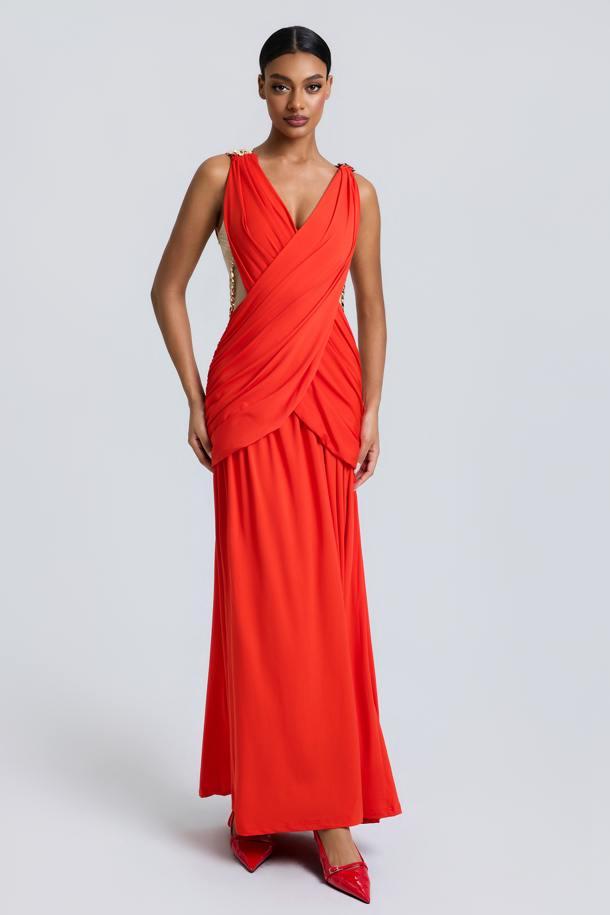 Solid See-Through Metal Decorations Maxi Dress