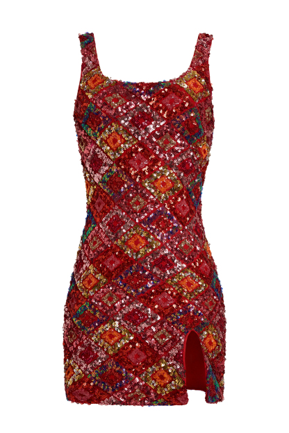 Sequin Plaid Slit Bodycon Mini Dress