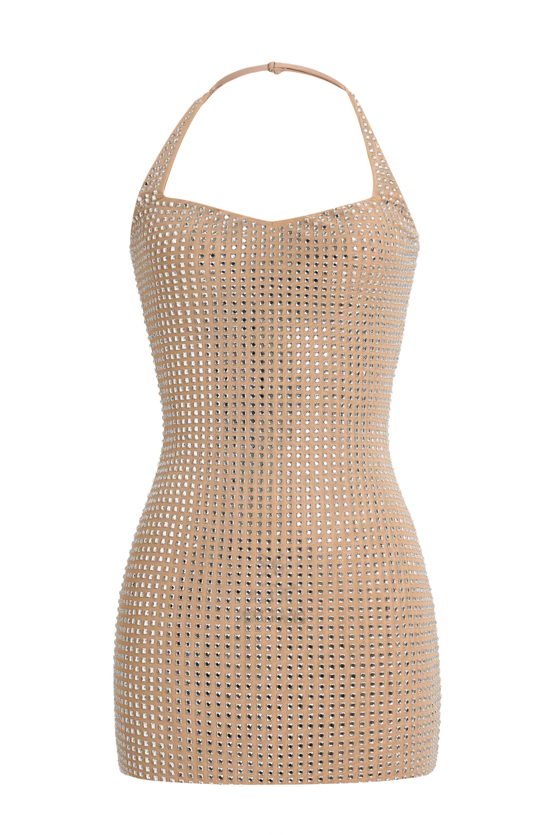 Mesh Full Rhinestone Halter Bodycon Mini Dress