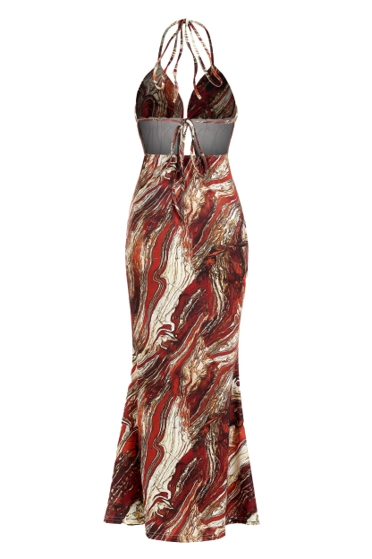 Abstract Print Cut-Out Halter Neck Maxi Dress