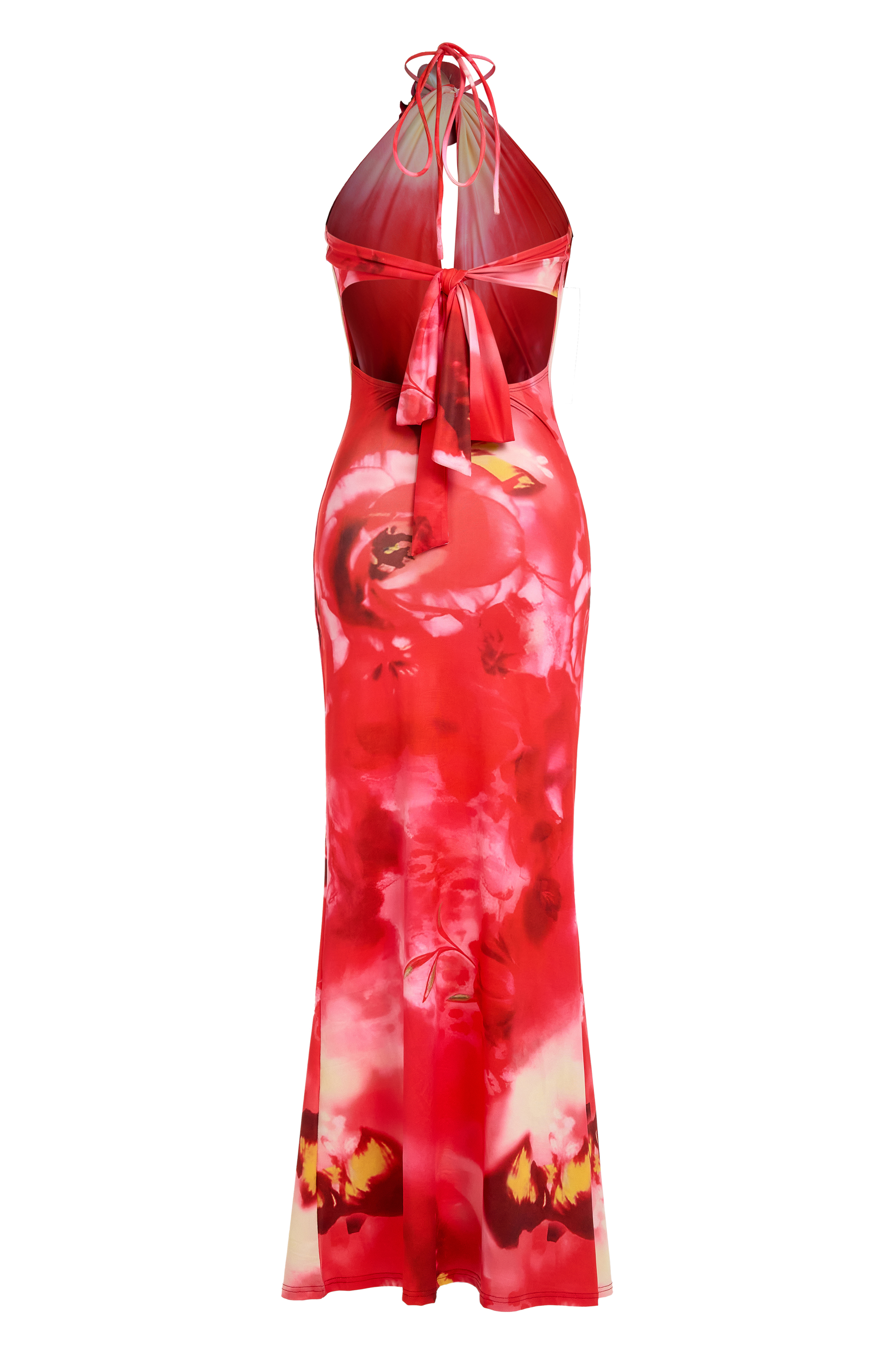 Abstract Print  3D Flower Halter Neck Maxi Dress