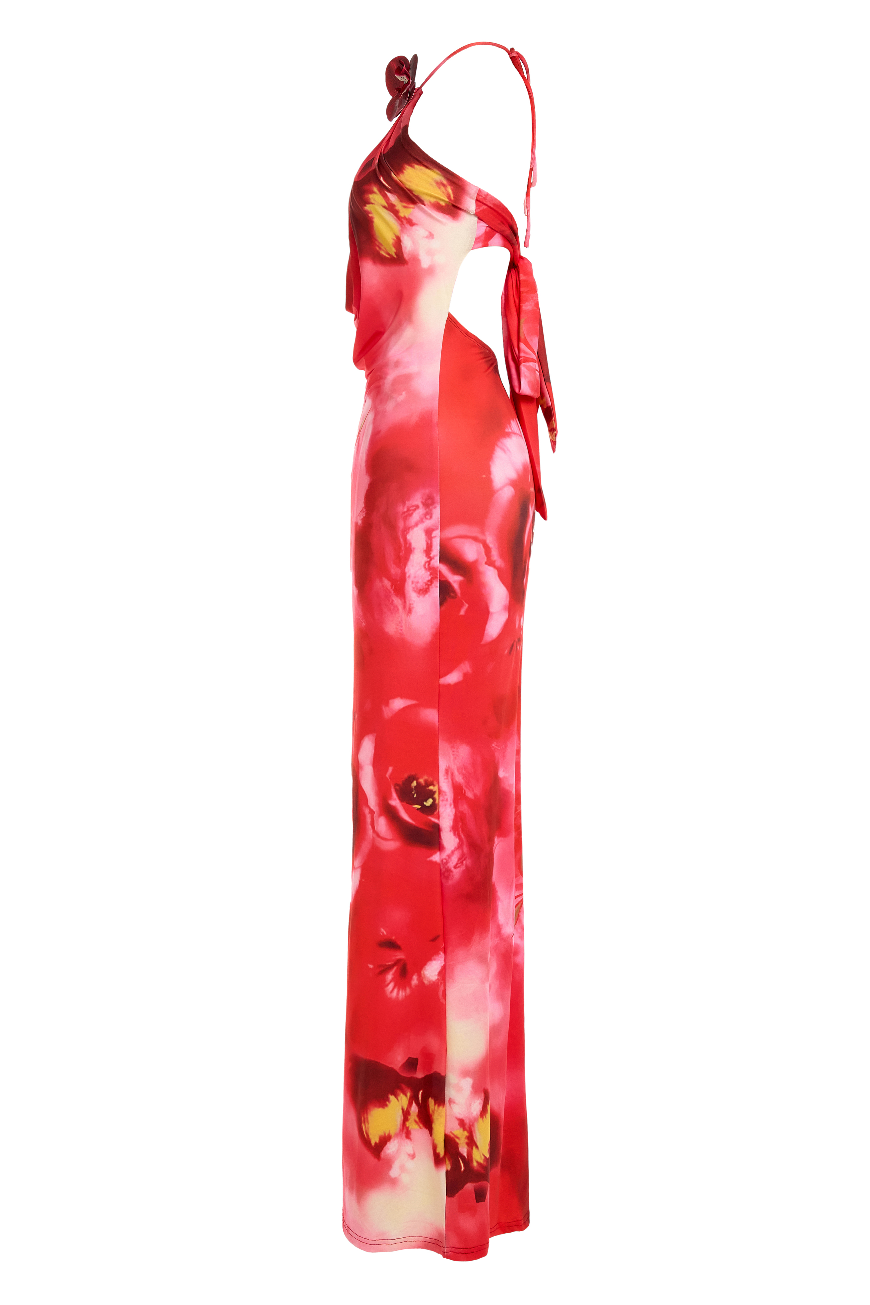 Abstract Print  3D Flower Halter Neck Maxi Dress