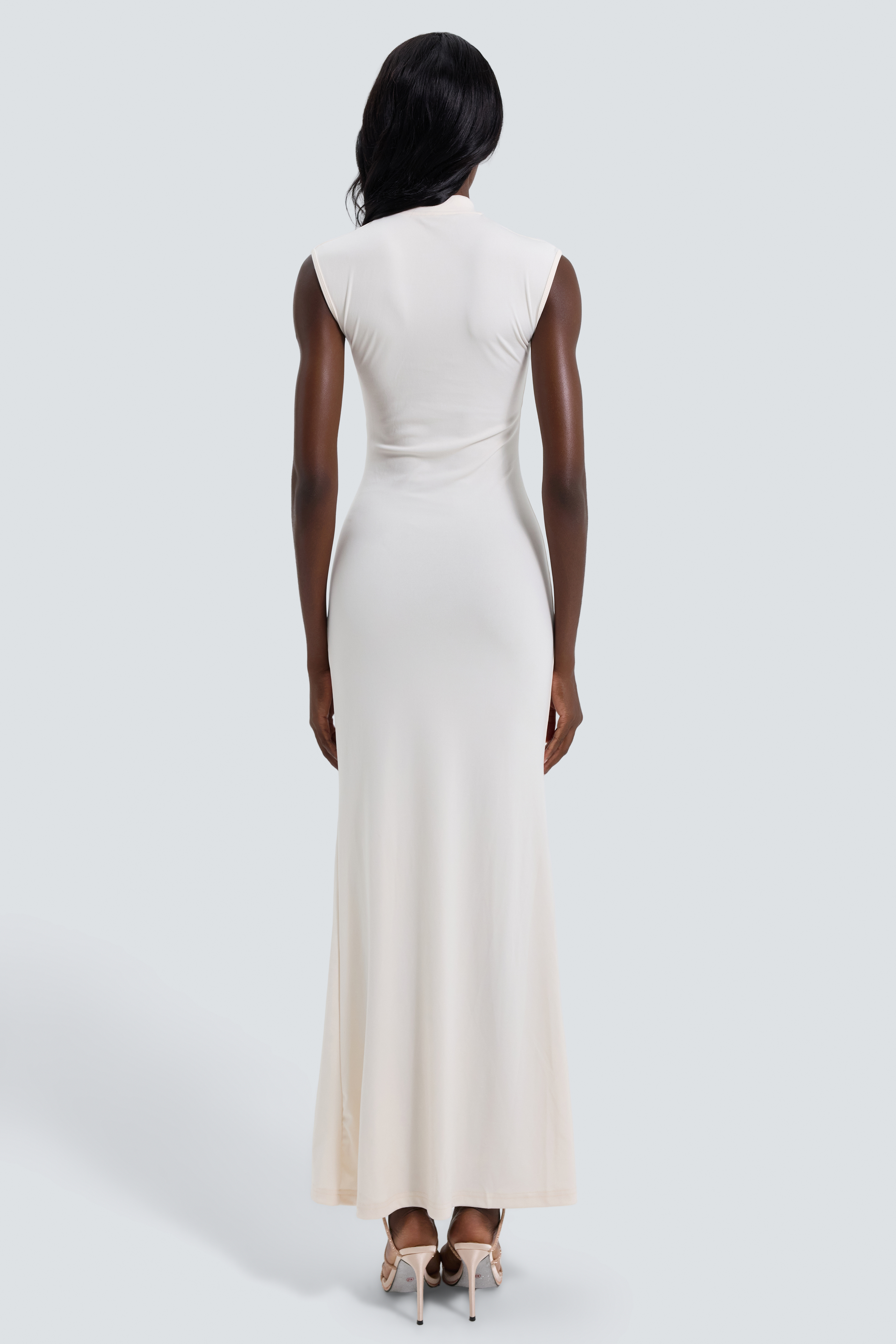 Jersey Faux Pearl Slit  Maxi Dress