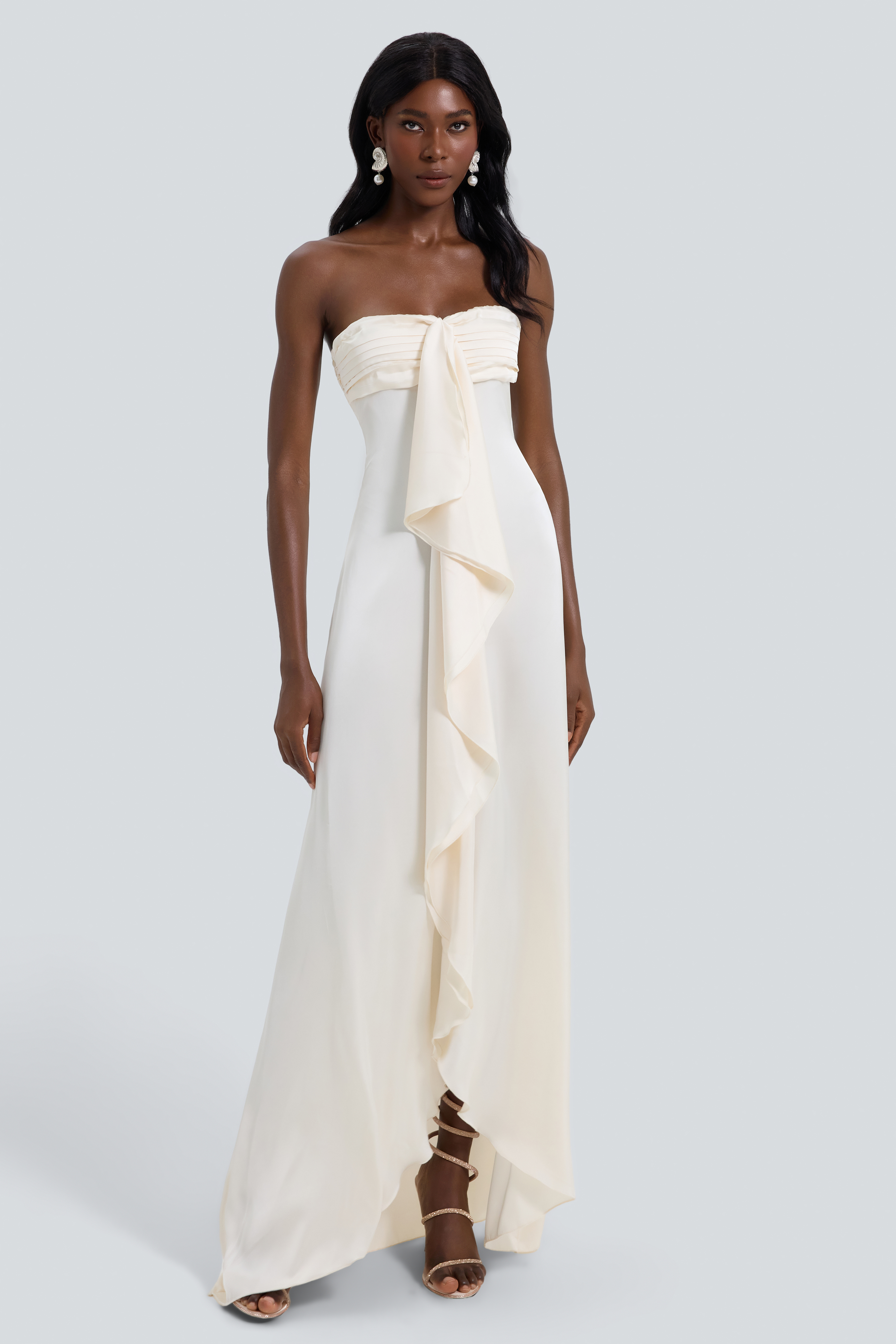 Satin Pleated Ruffle Off Shoulder Maxi Dress