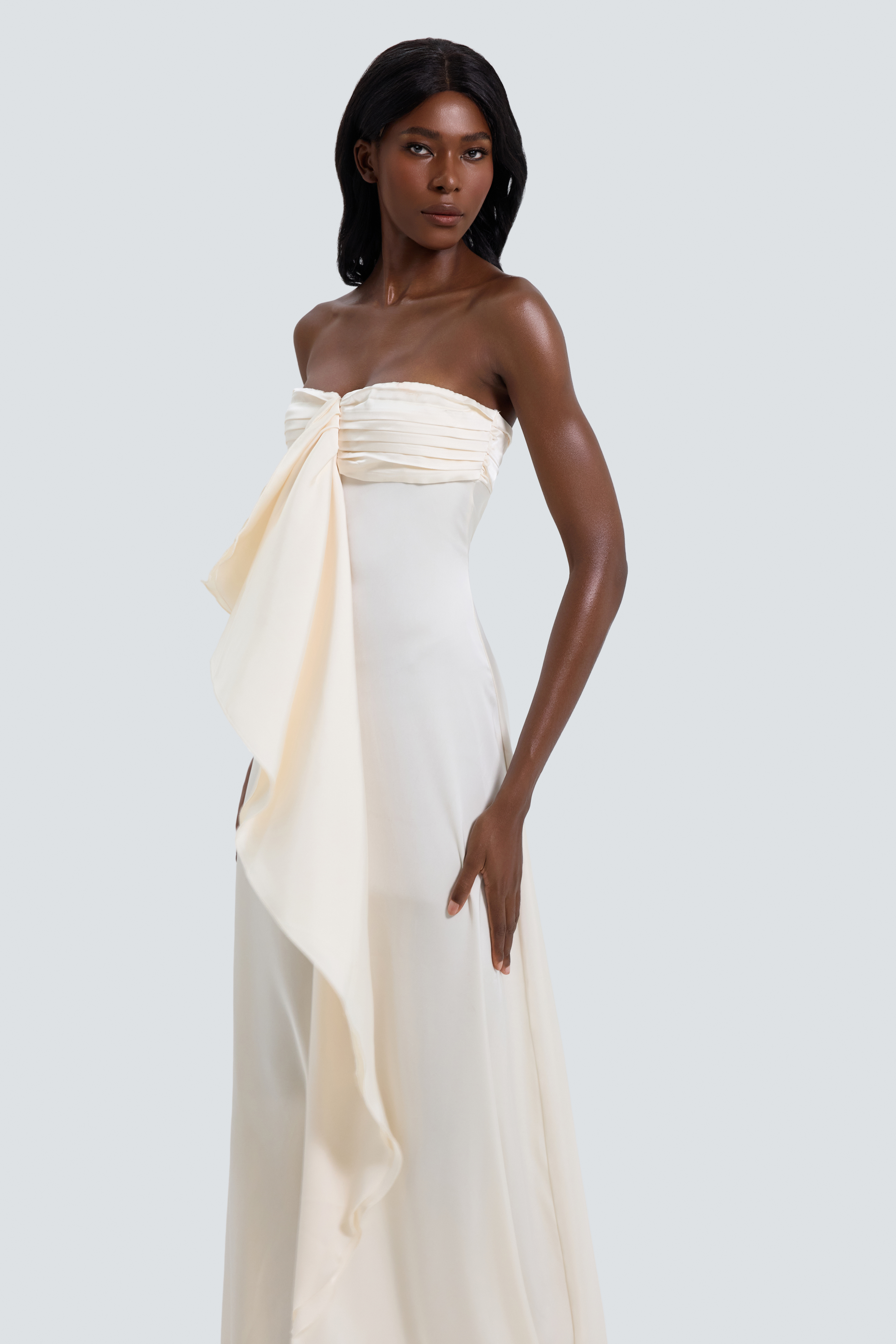 Satin Pleated Ruffle Off Shoulder Maxi Dress – Violet Aurora