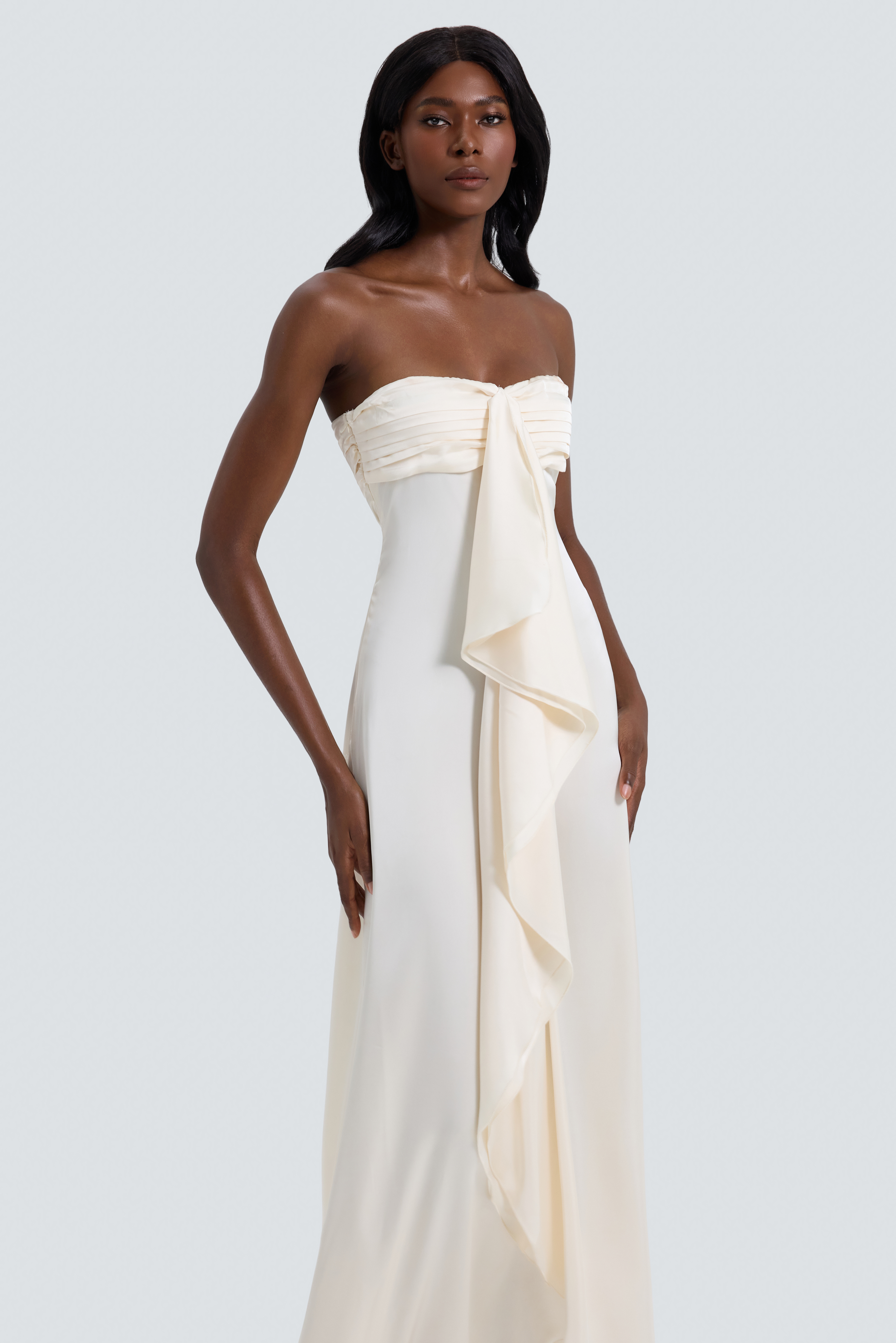 Satin Pleated Ruffle Off Shoulder Maxi Dress – Violet Aurora
