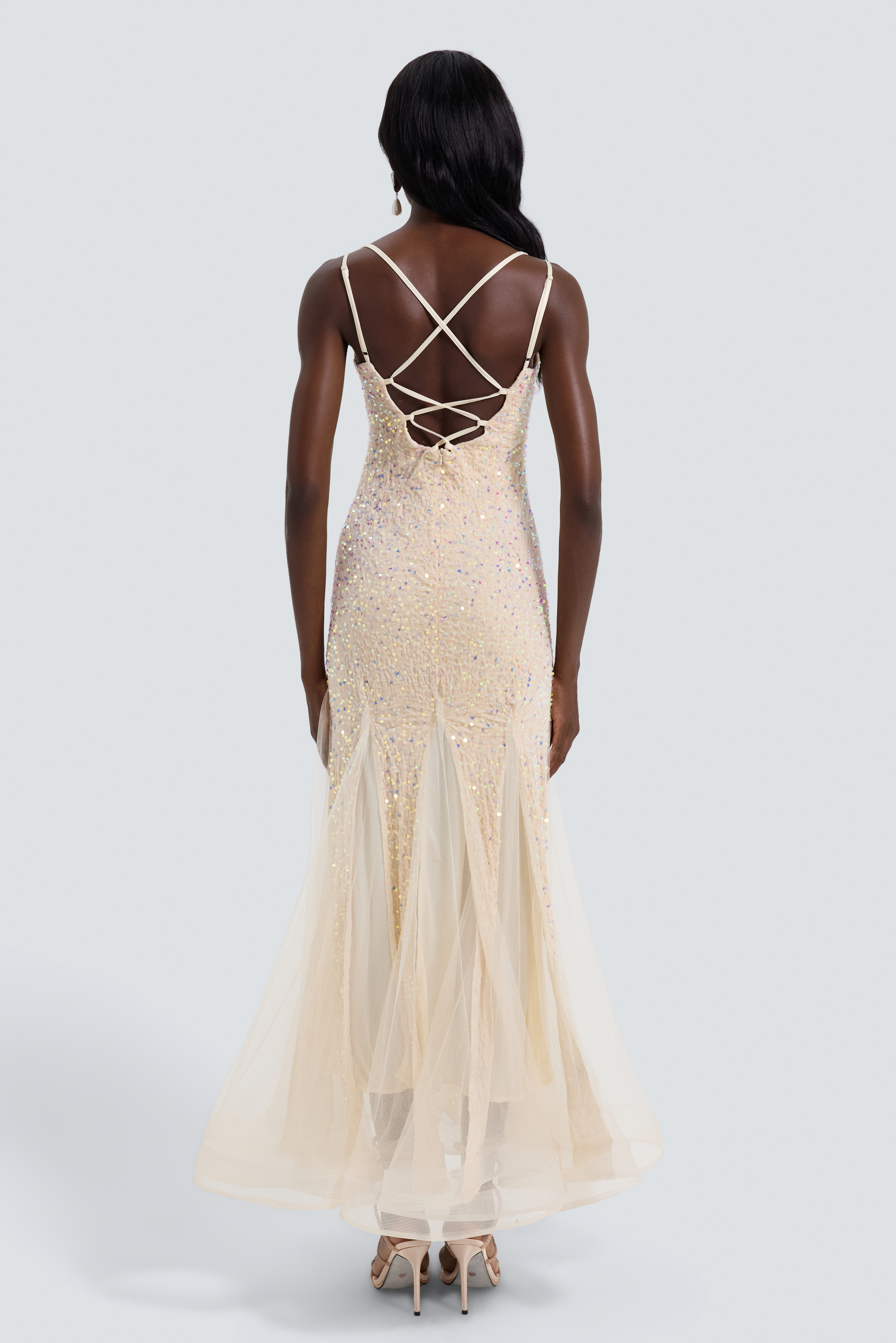 Sequin Splicing Mesh Tie-Up Maxi Dress