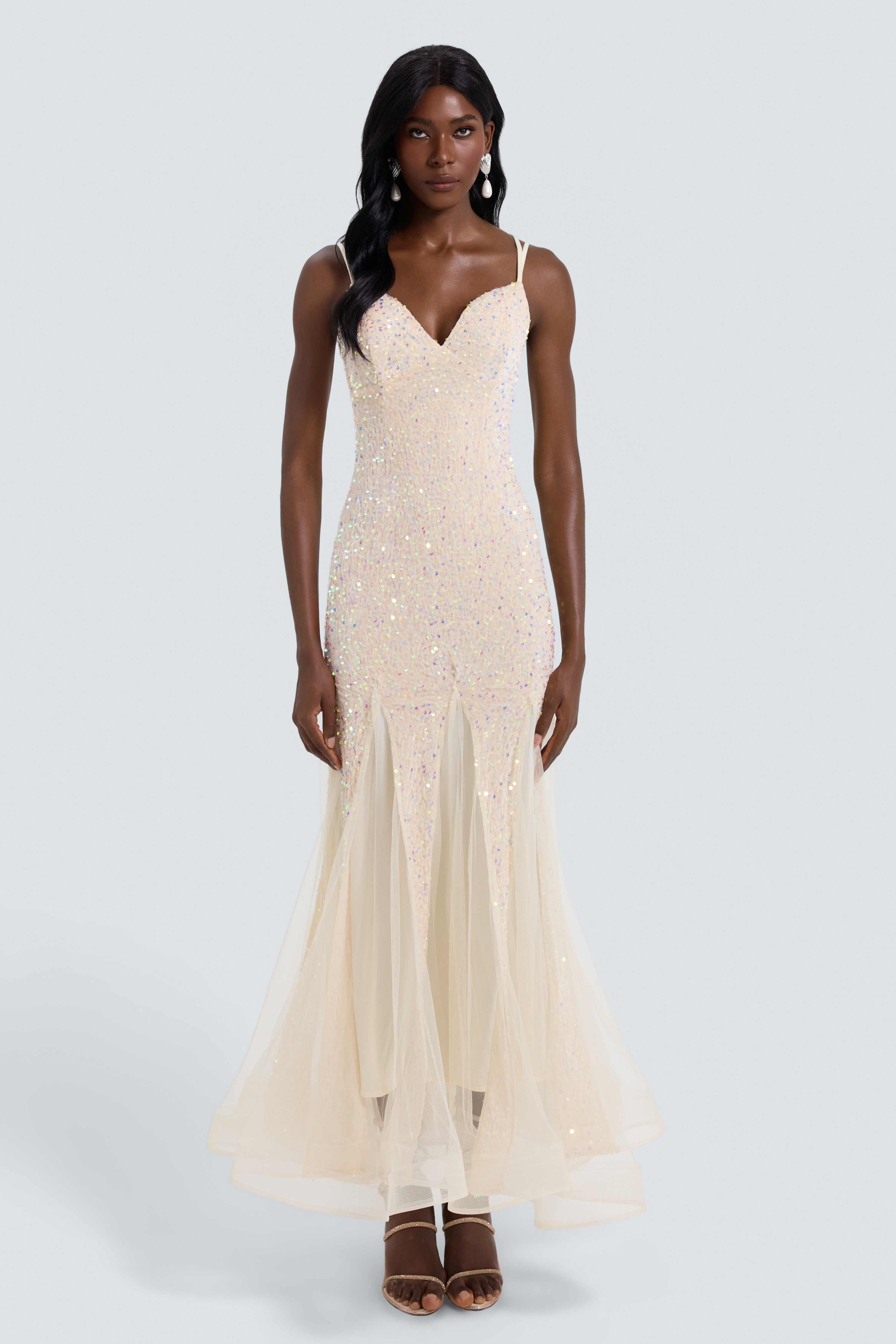 Sequin Splicing Mesh Tie-Up Maxi Dress
