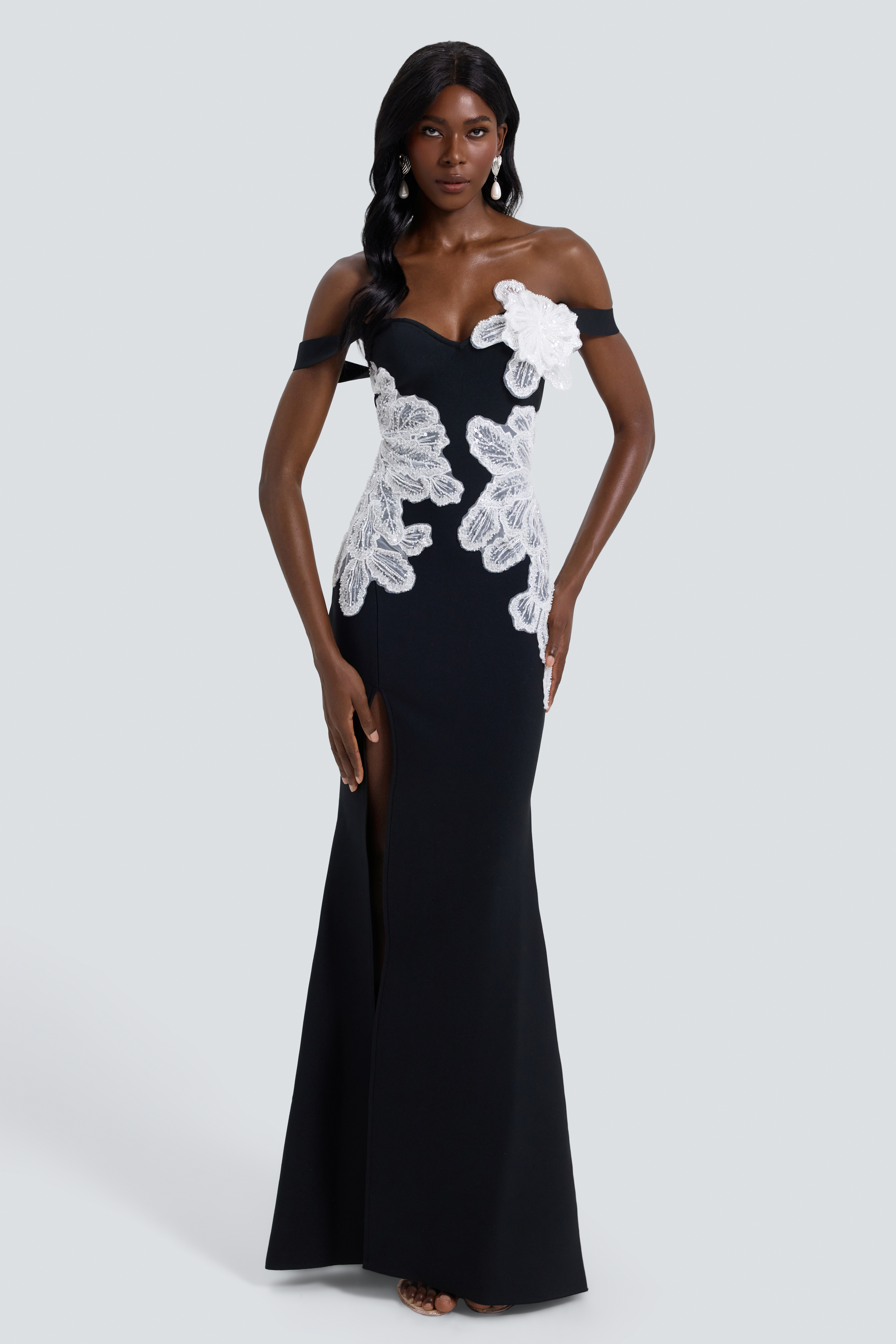 Off-Shoulder Nail Bead Embroidery Bandage Maxi Dress