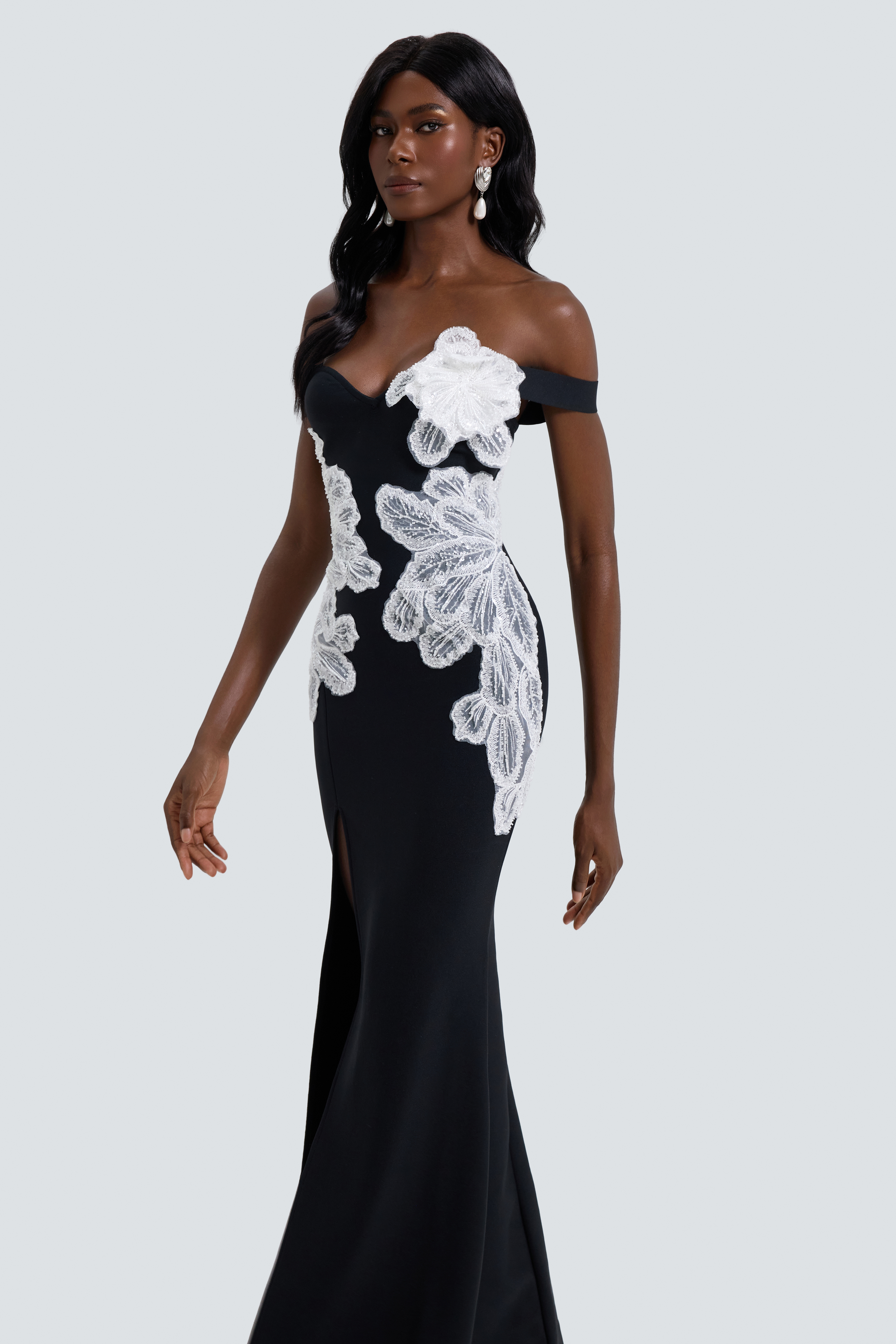 Off-Shoulder Nail Bead Embroidery Bandage Maxi Dress – Violet Aurora