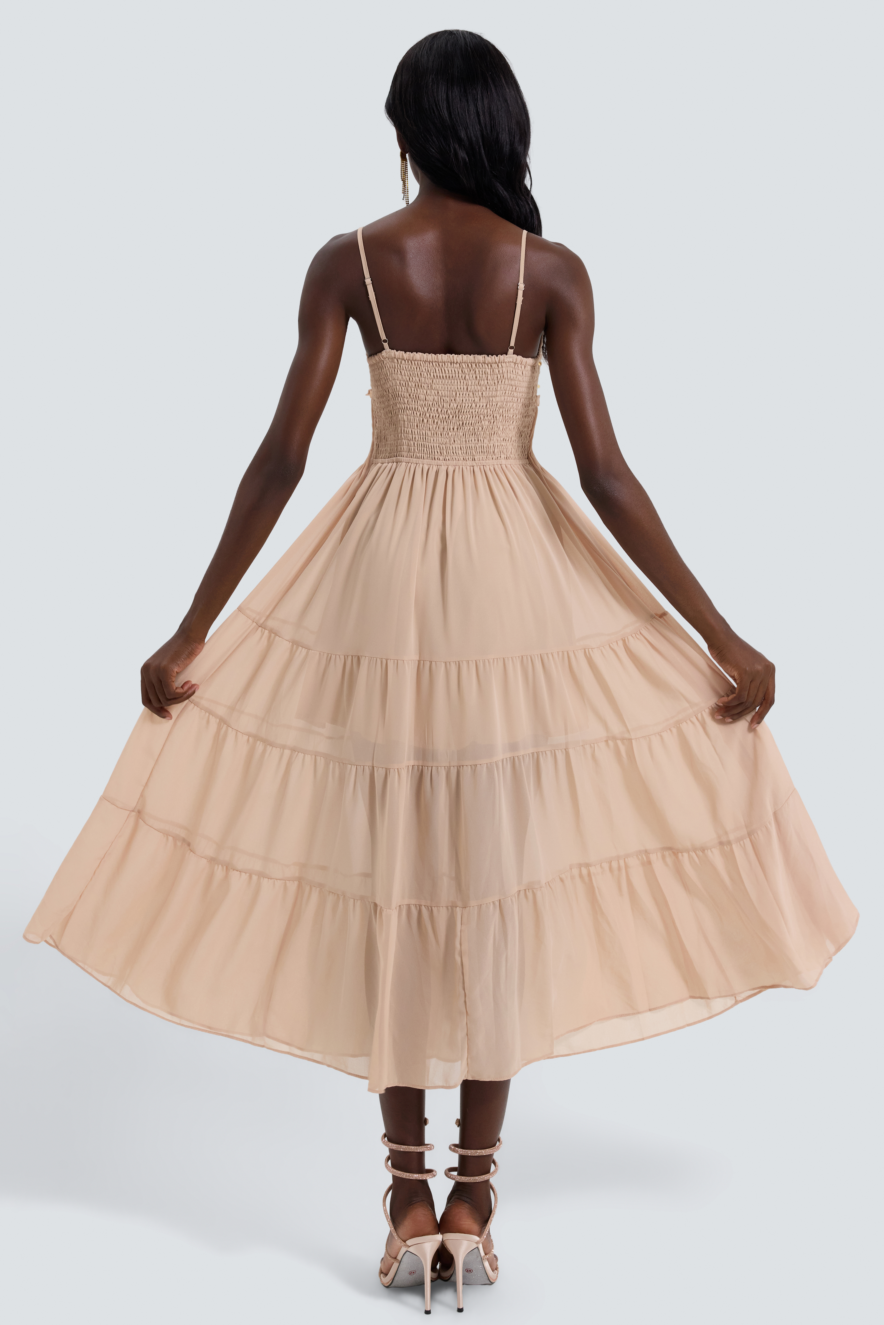Chiffon Sequin Smocking Midi Dress
