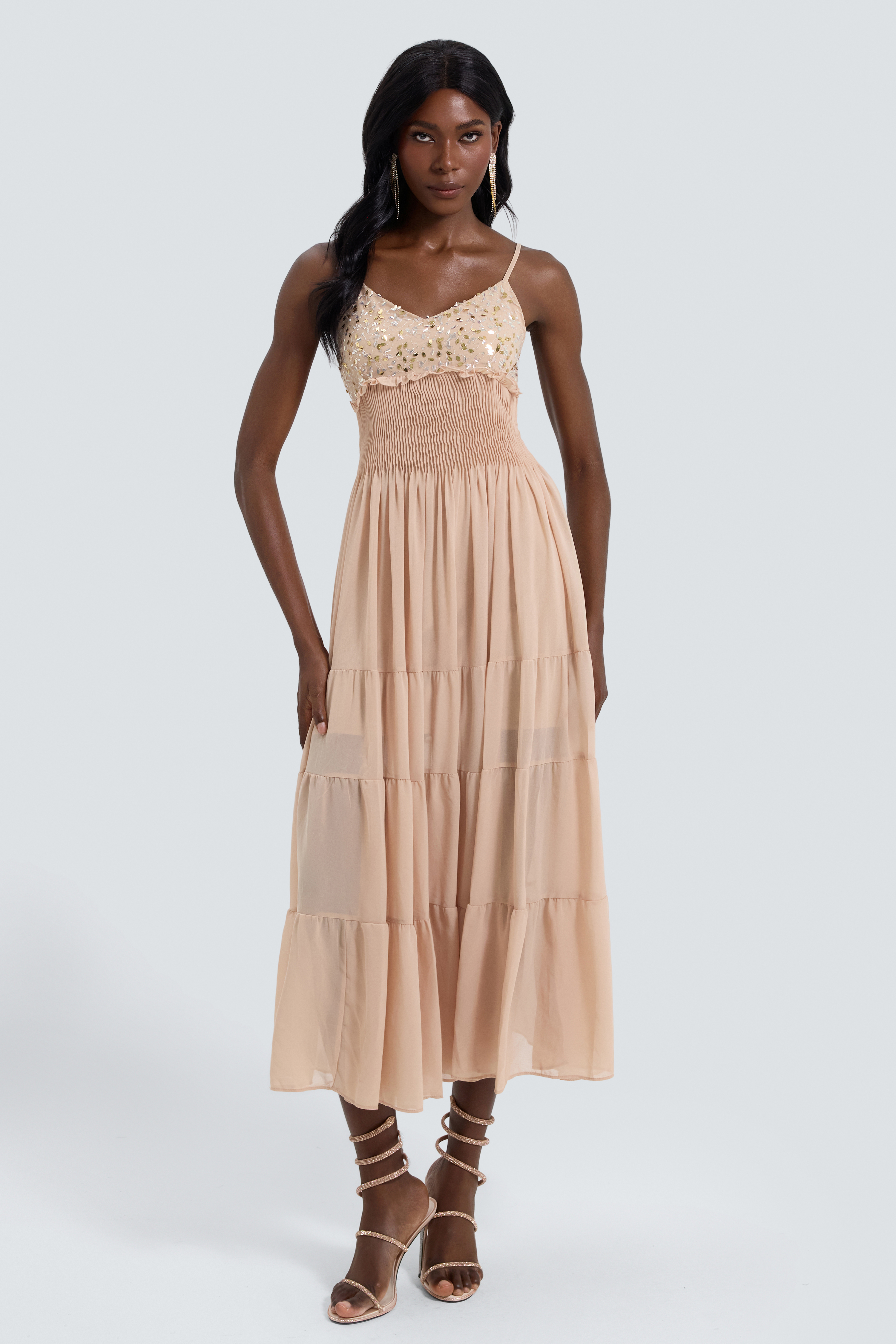 Chiffon Sequin Smocking Midi Dress