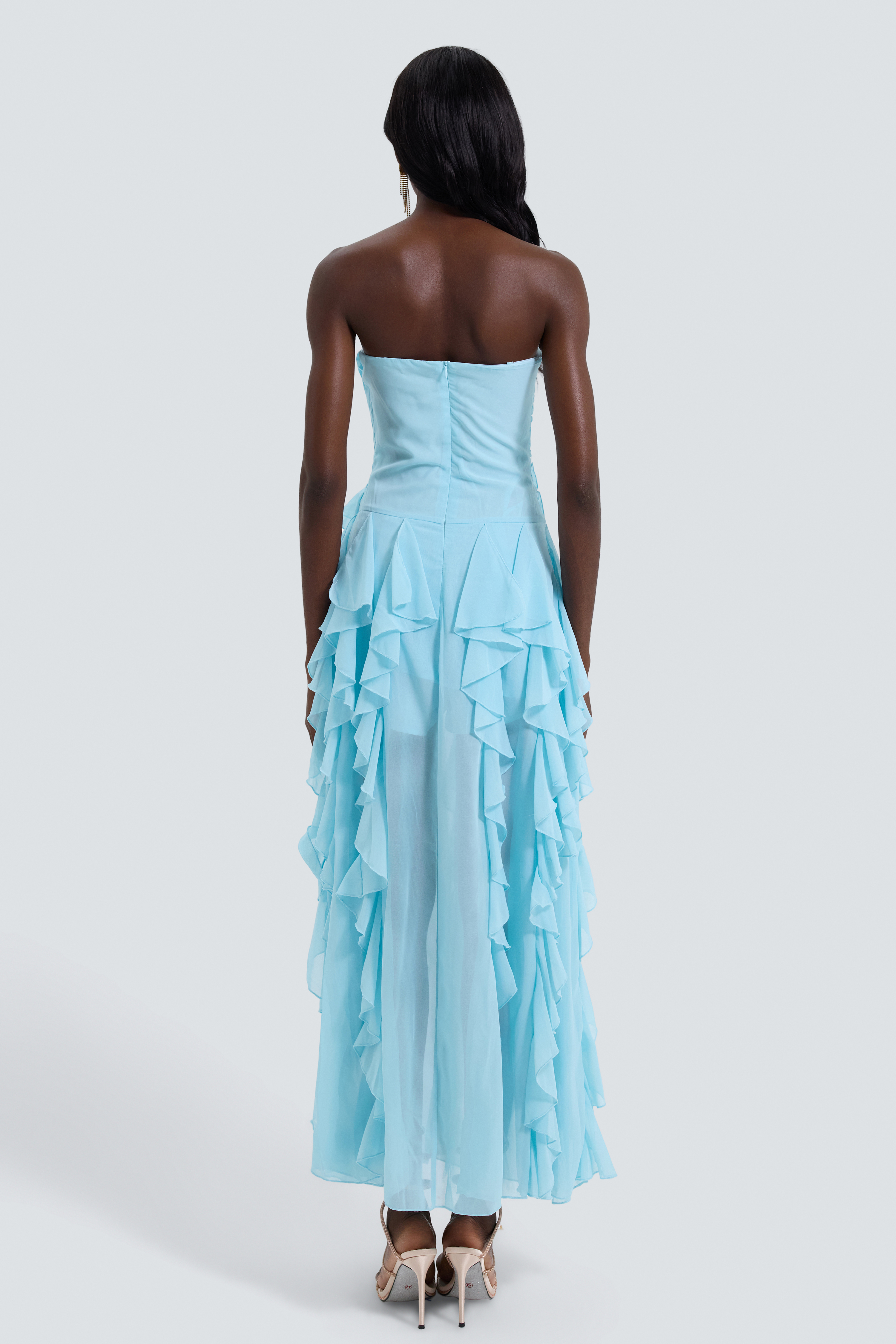 Chiffon Off Shoulder Ruffle Pleated Maxi Dress