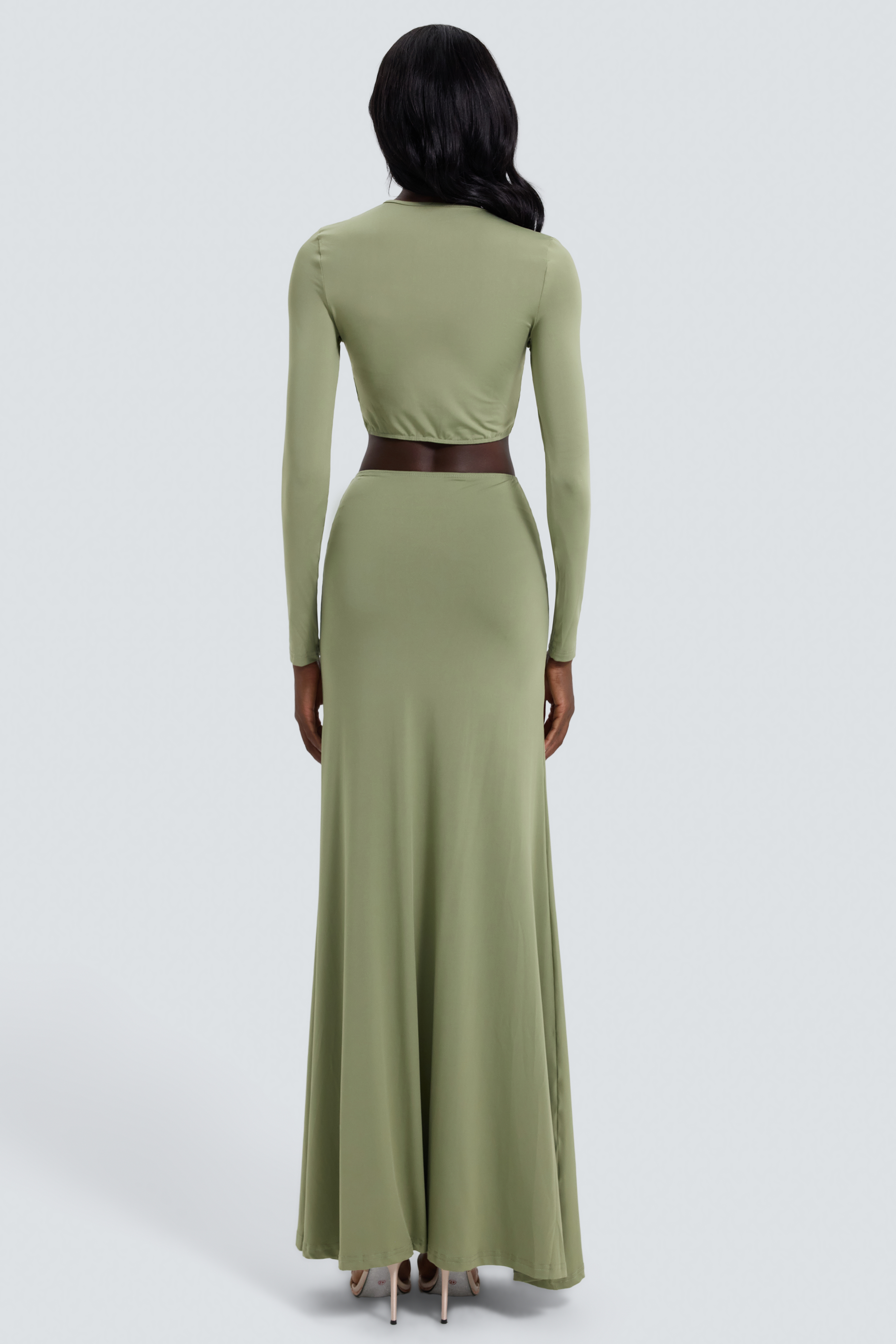 Solid Cut-Out Long Sleeve Top & Low Waist Maxi Skirt Set