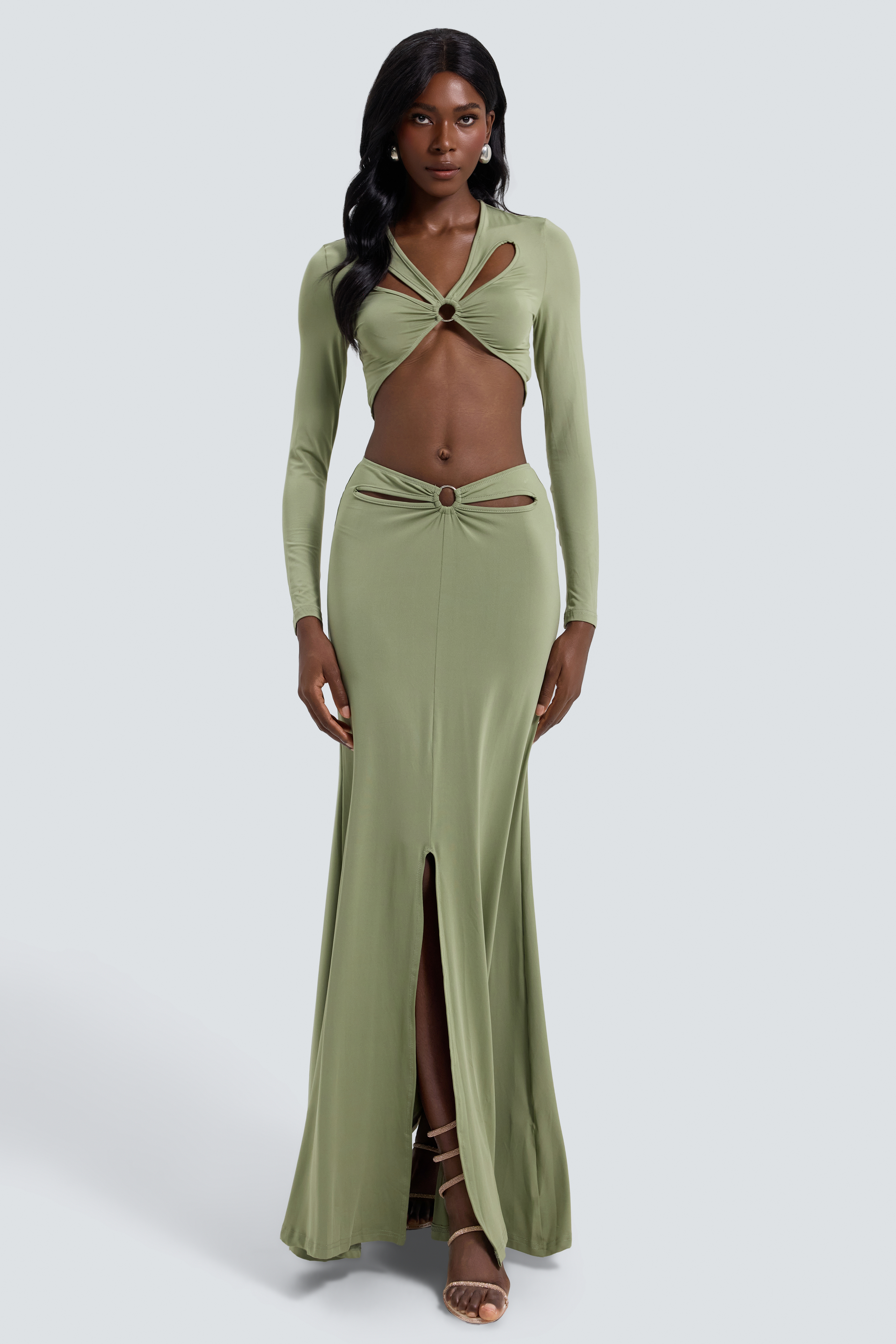Solid Cut-Out Long Sleeve Top & Low Waist Maxi Skirt Set