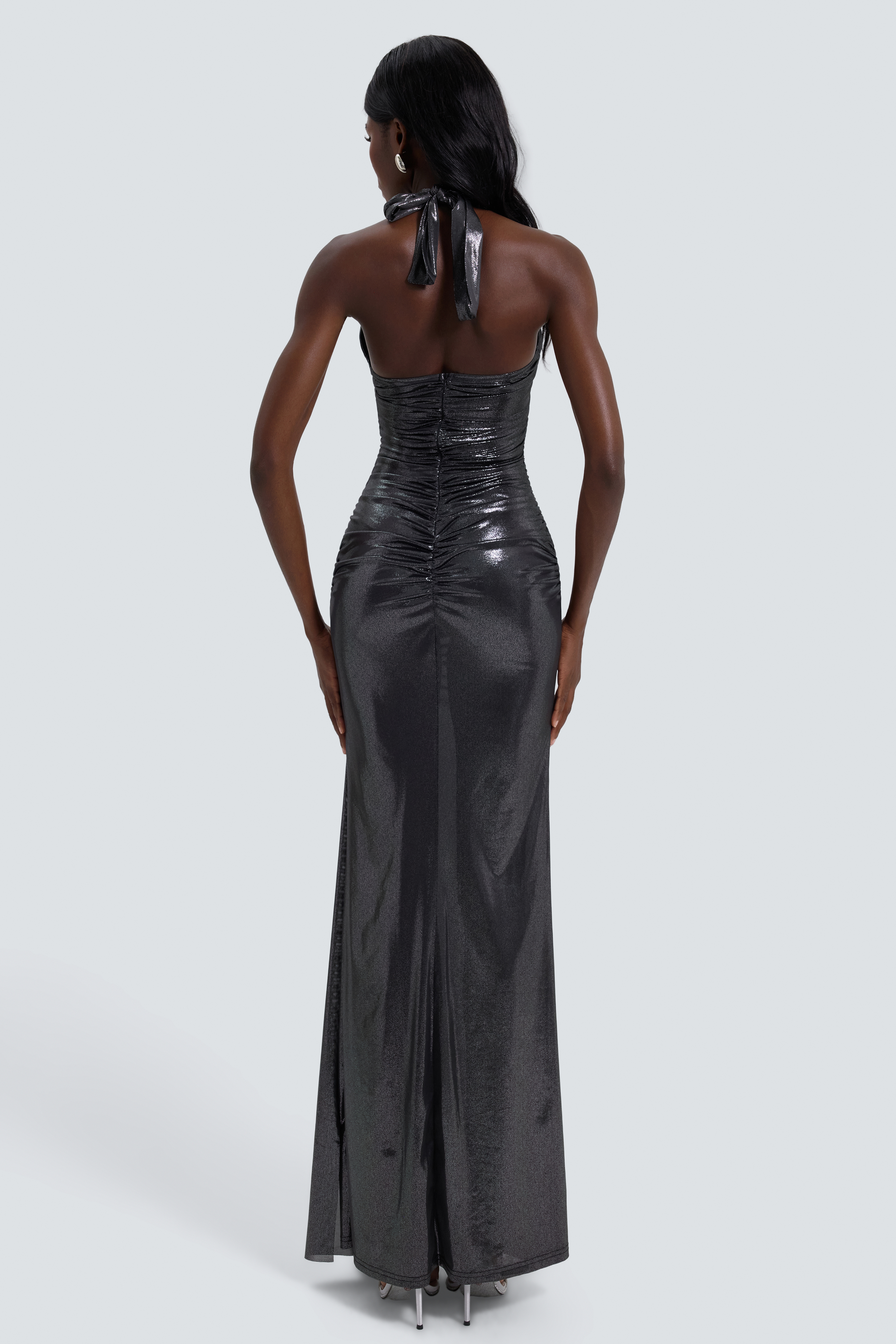 Metallic Fabric Cut-Out Halter Neck Maxi Dress