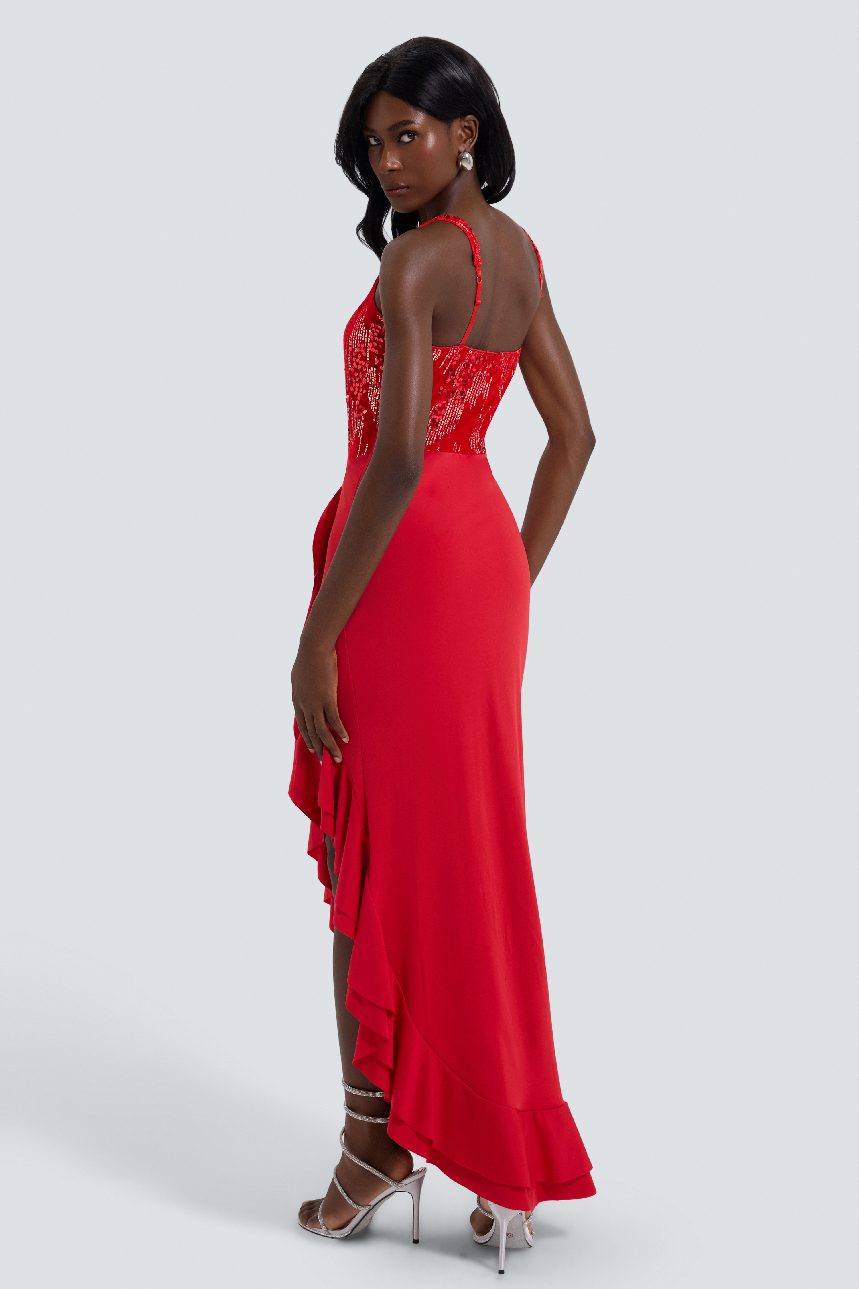 Sequin Splicing Jersey Ruffle Midi Dress