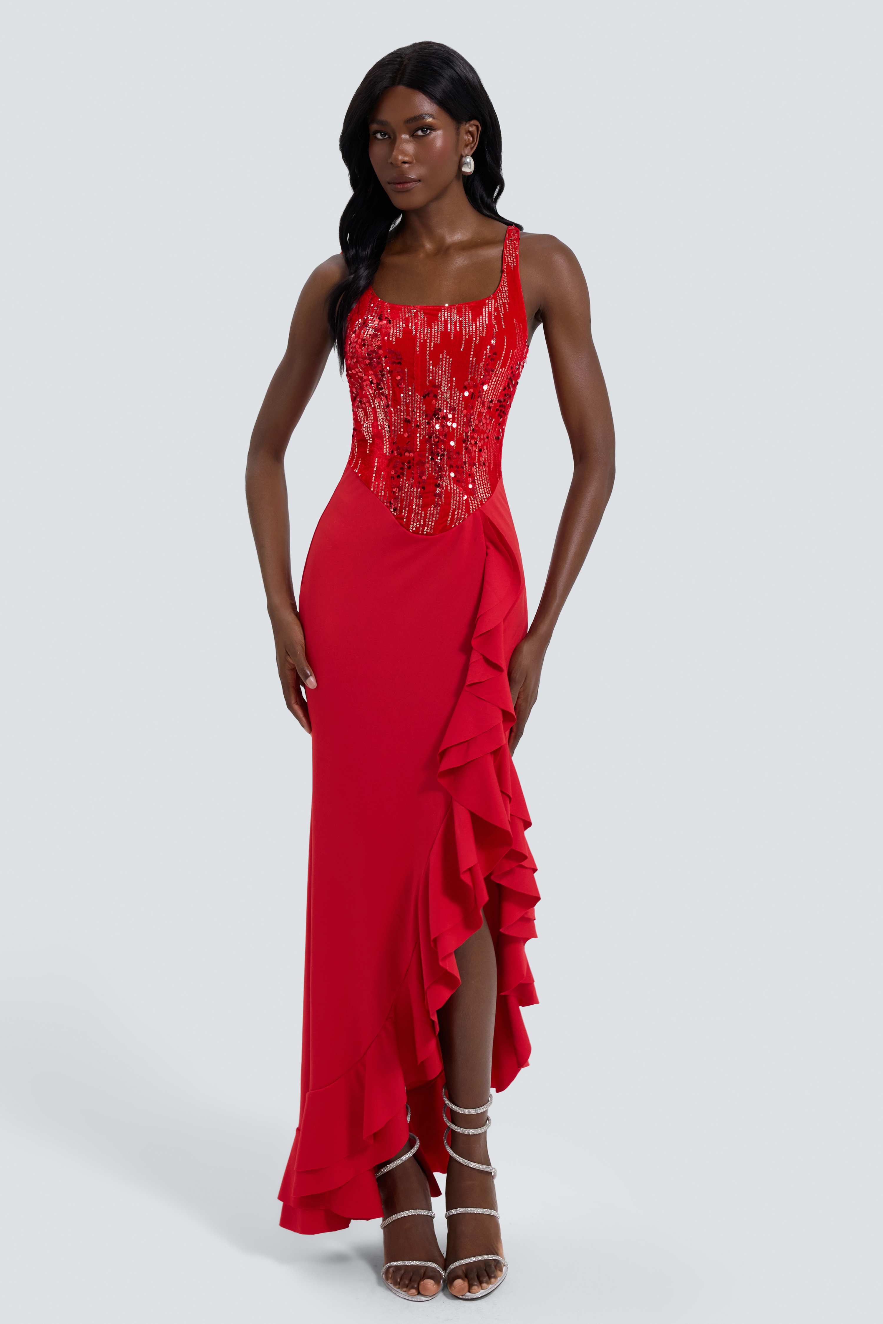 Sequin Splicing Jersey Ruffle Midi Dress