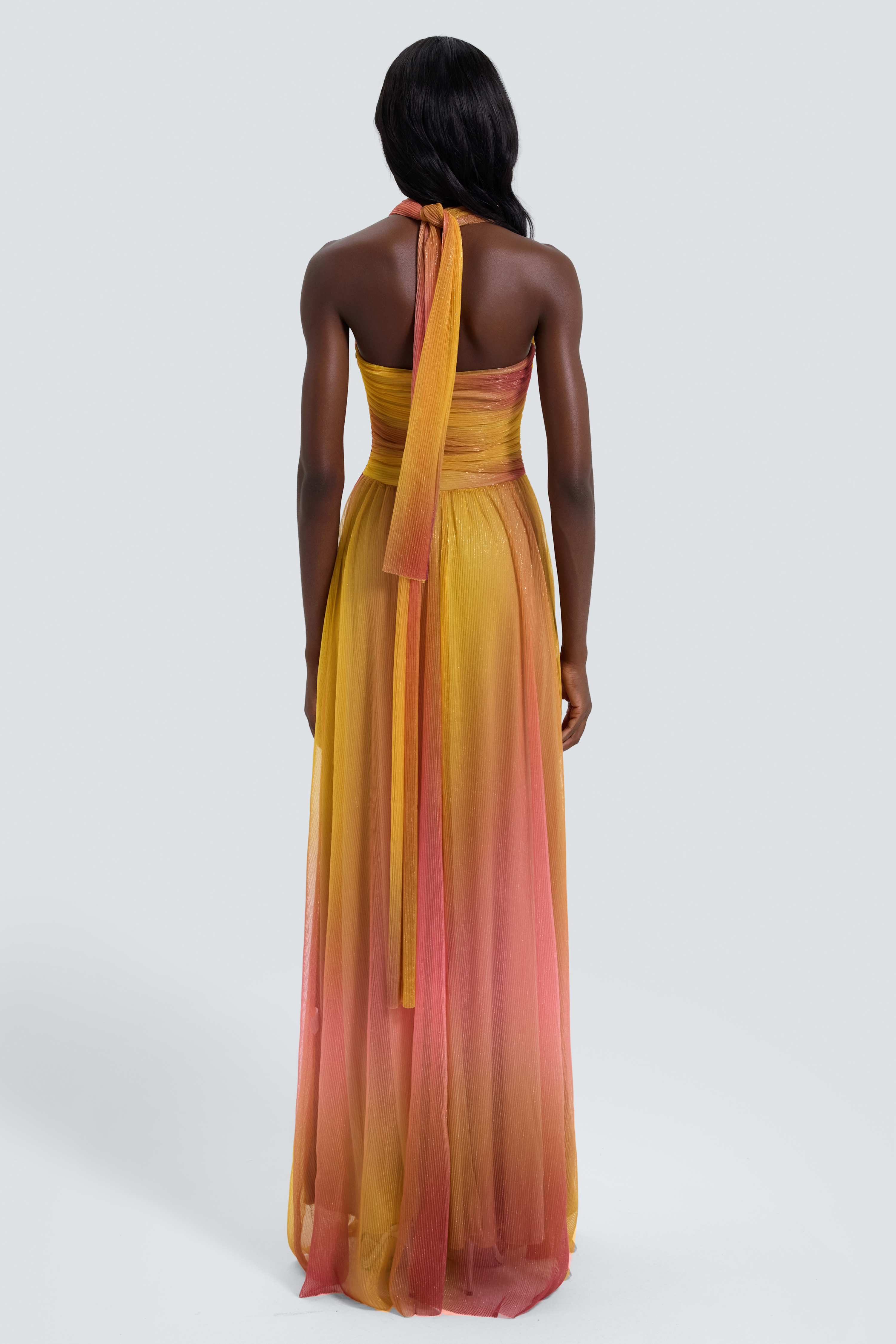Metallic Pleated Cutout Halter Neck Maxi Dress