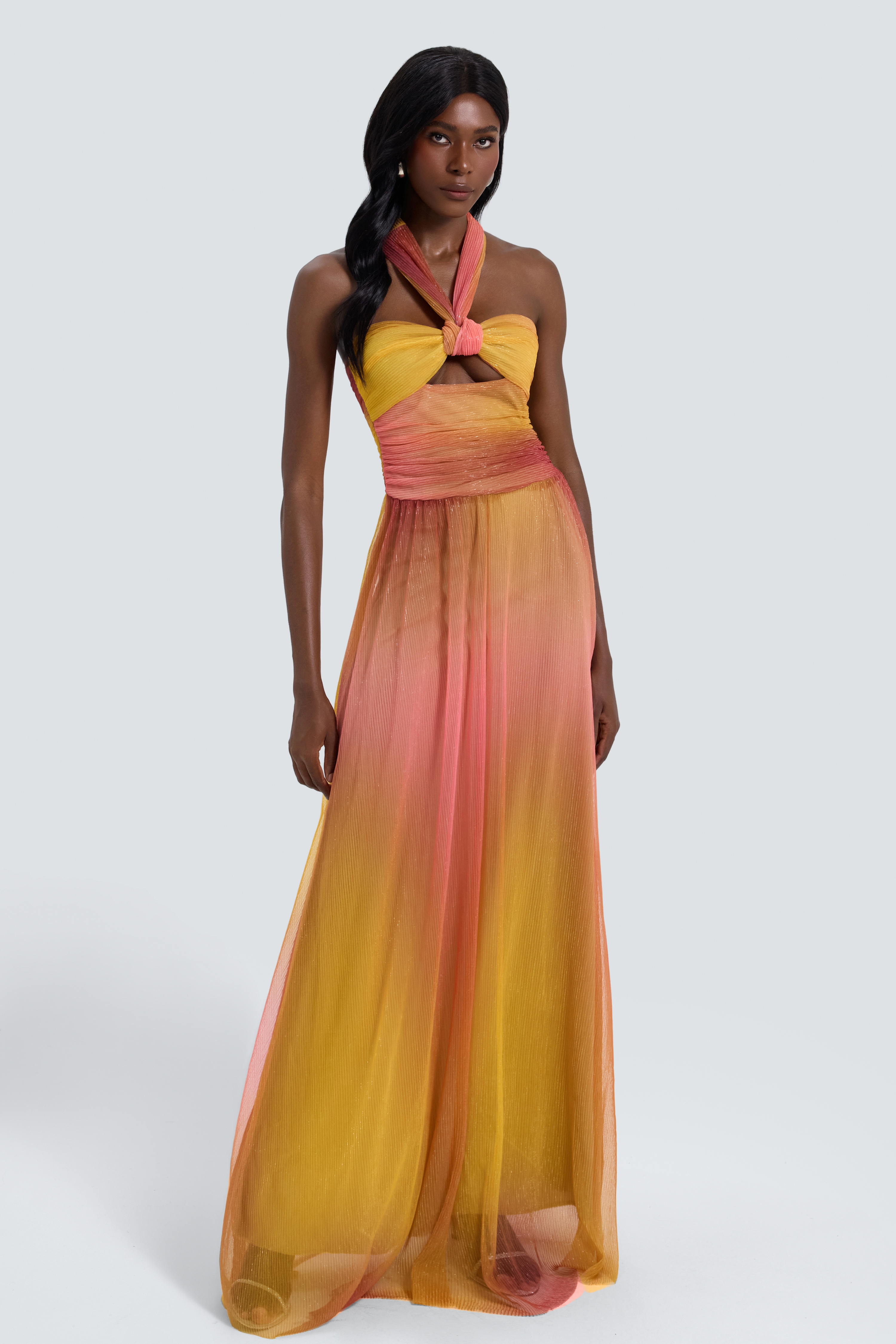 Metallic Pleated Cutout Halter Neck Maxi Dress