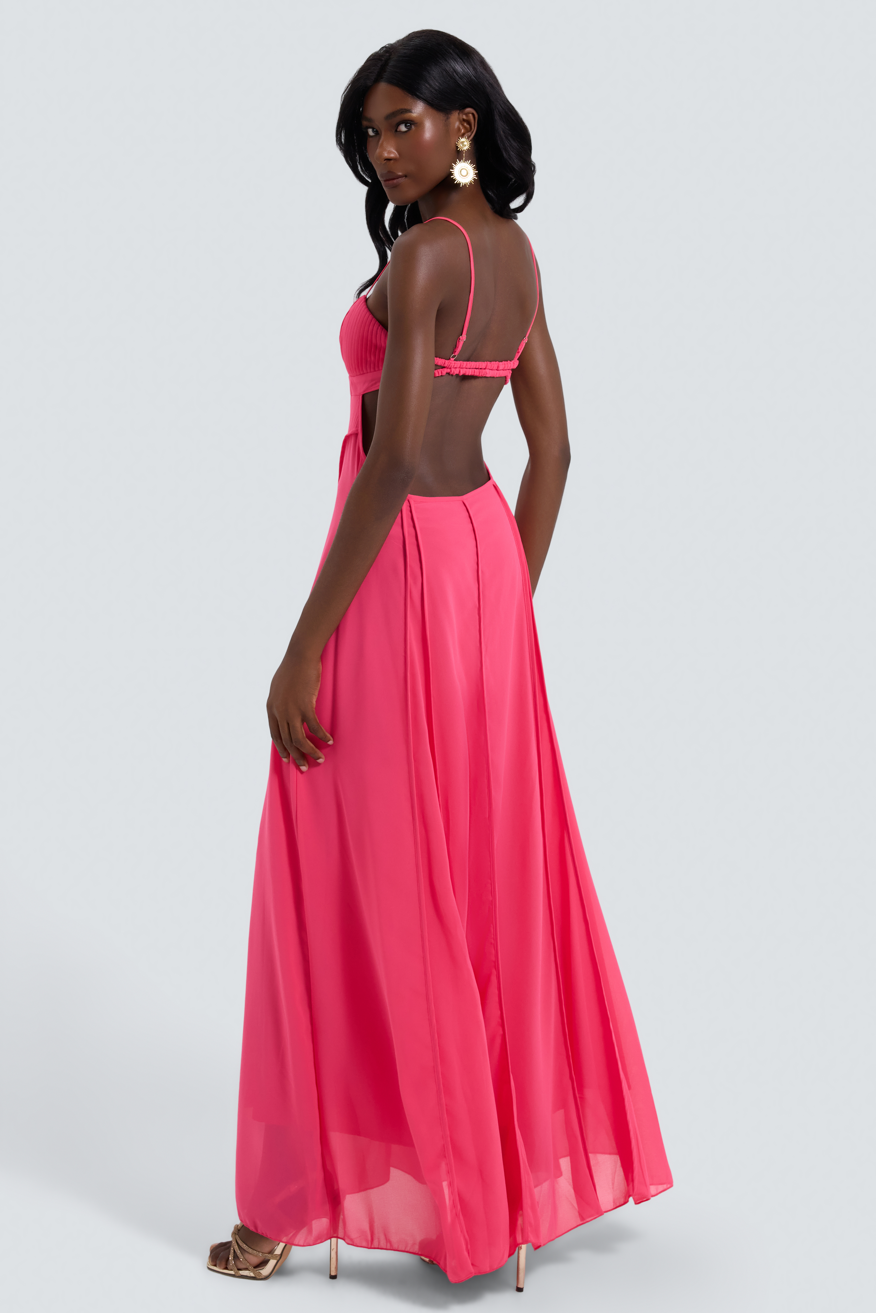 Solid Pleated Cut-Out Maxi Dress