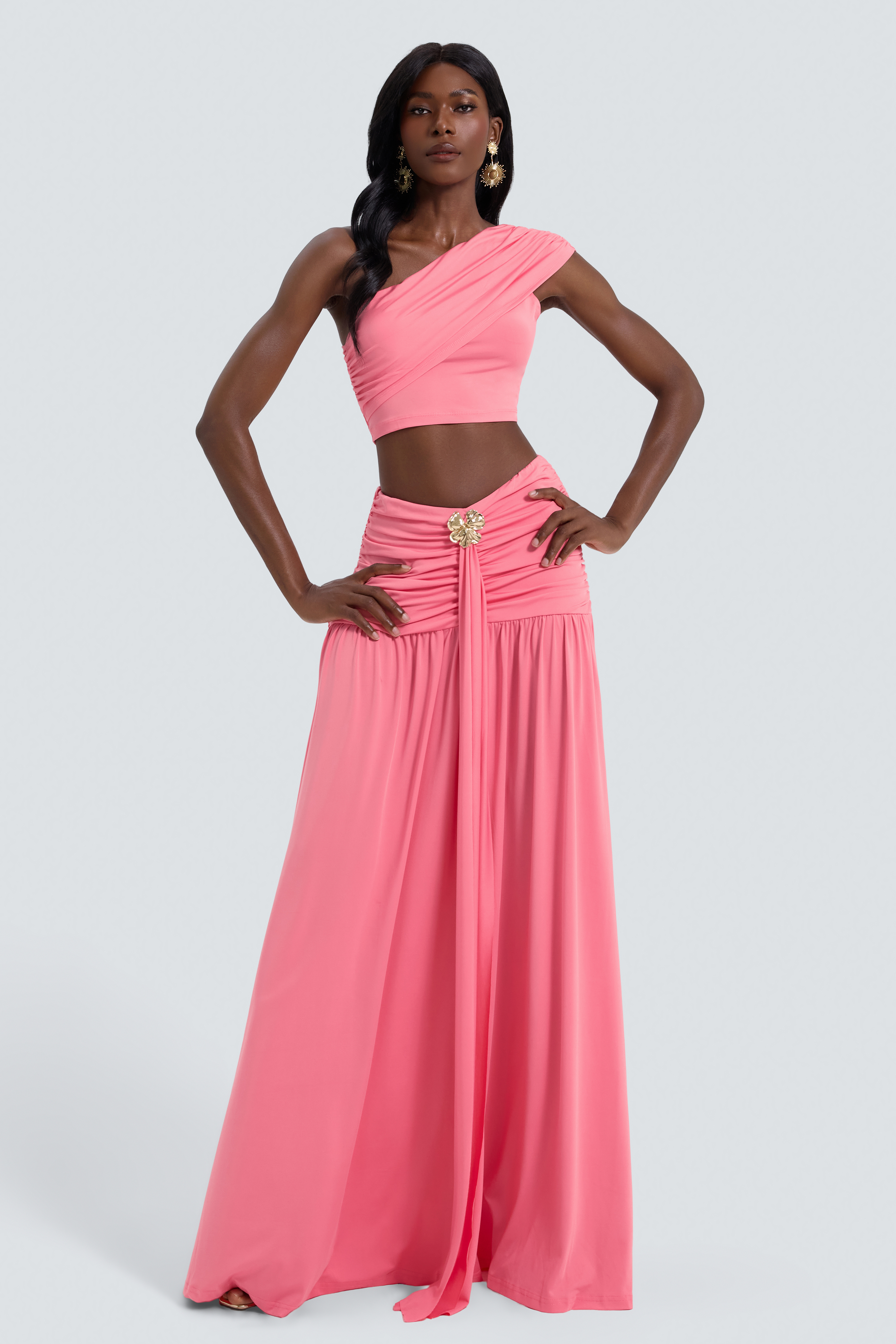 Jersey Skew Collar Top & Metal Decorations Maxi Skirt Set – Violet