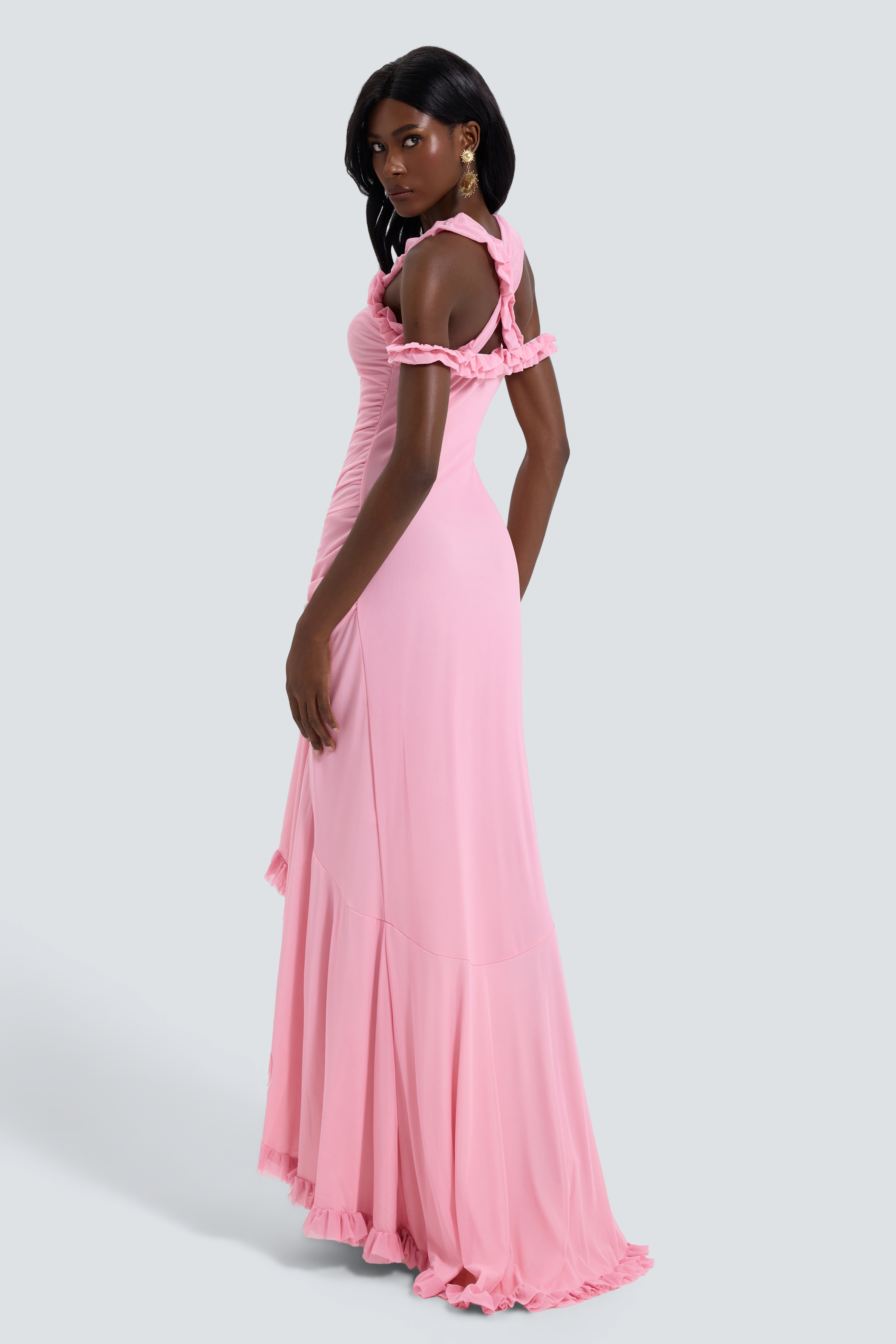 Mesh Ruffle Gathering Maxi Dress