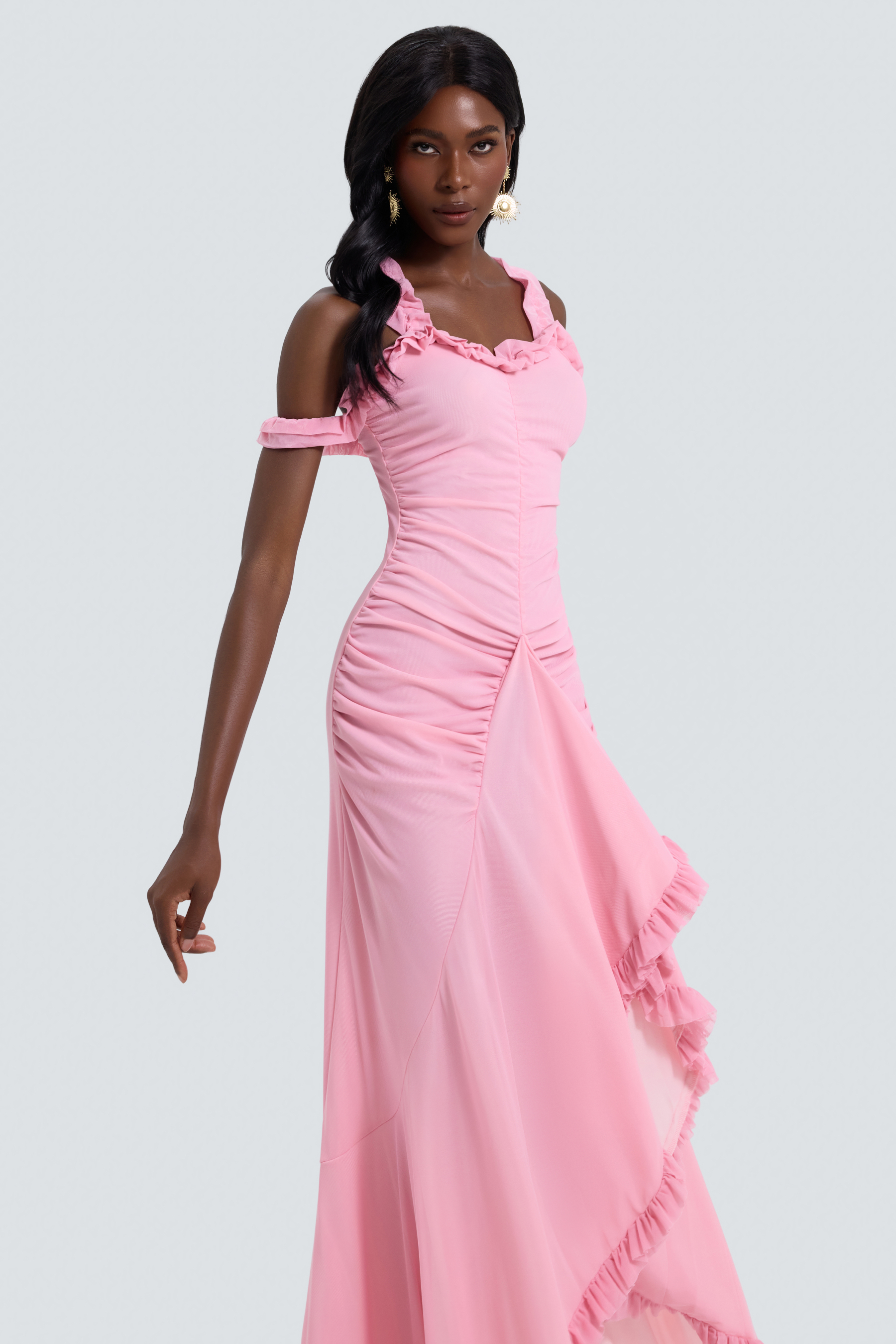 Mesh Ruffle Gathering Maxi Dress
