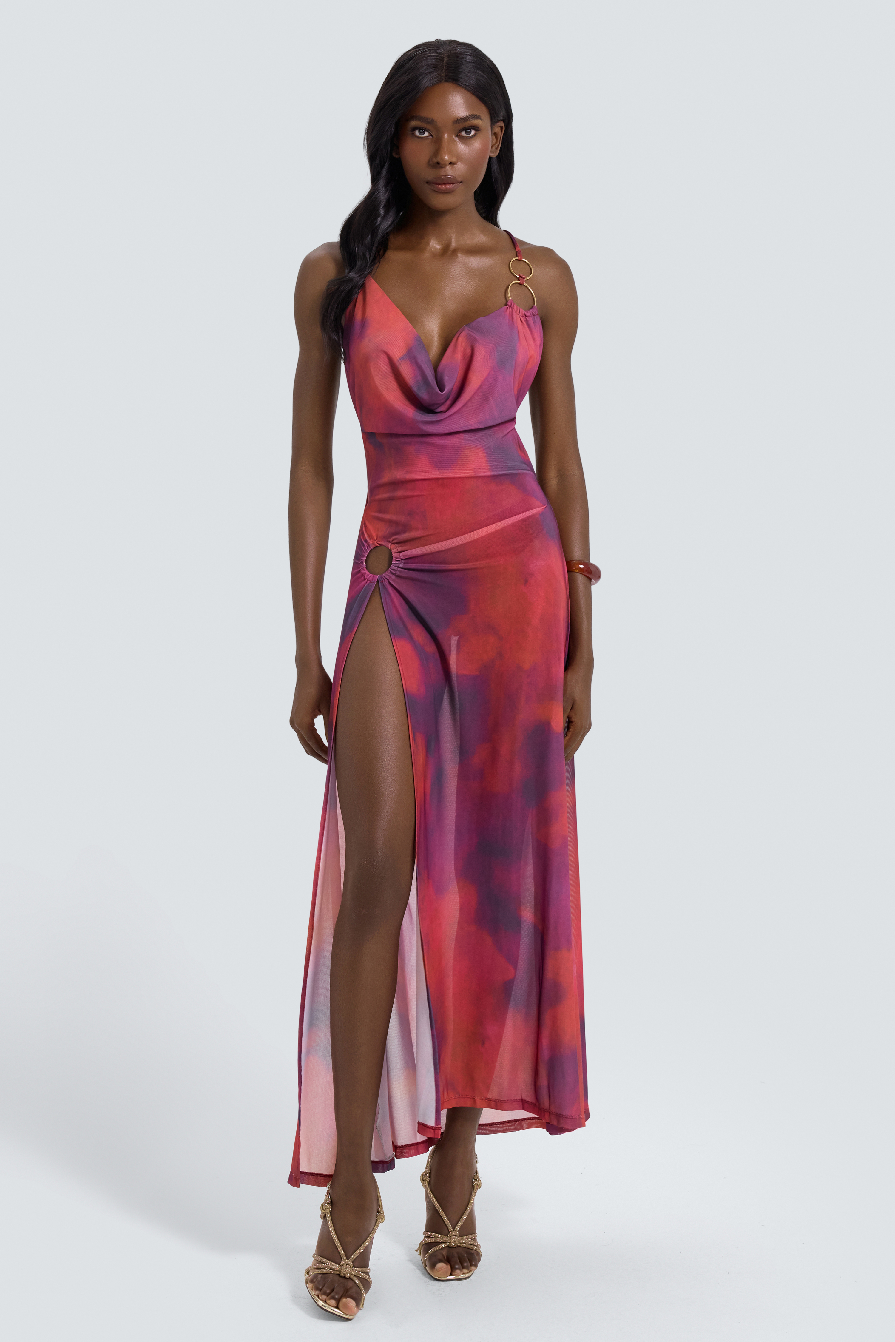 Tie Dye Swing Collar Slit Maxi Dress