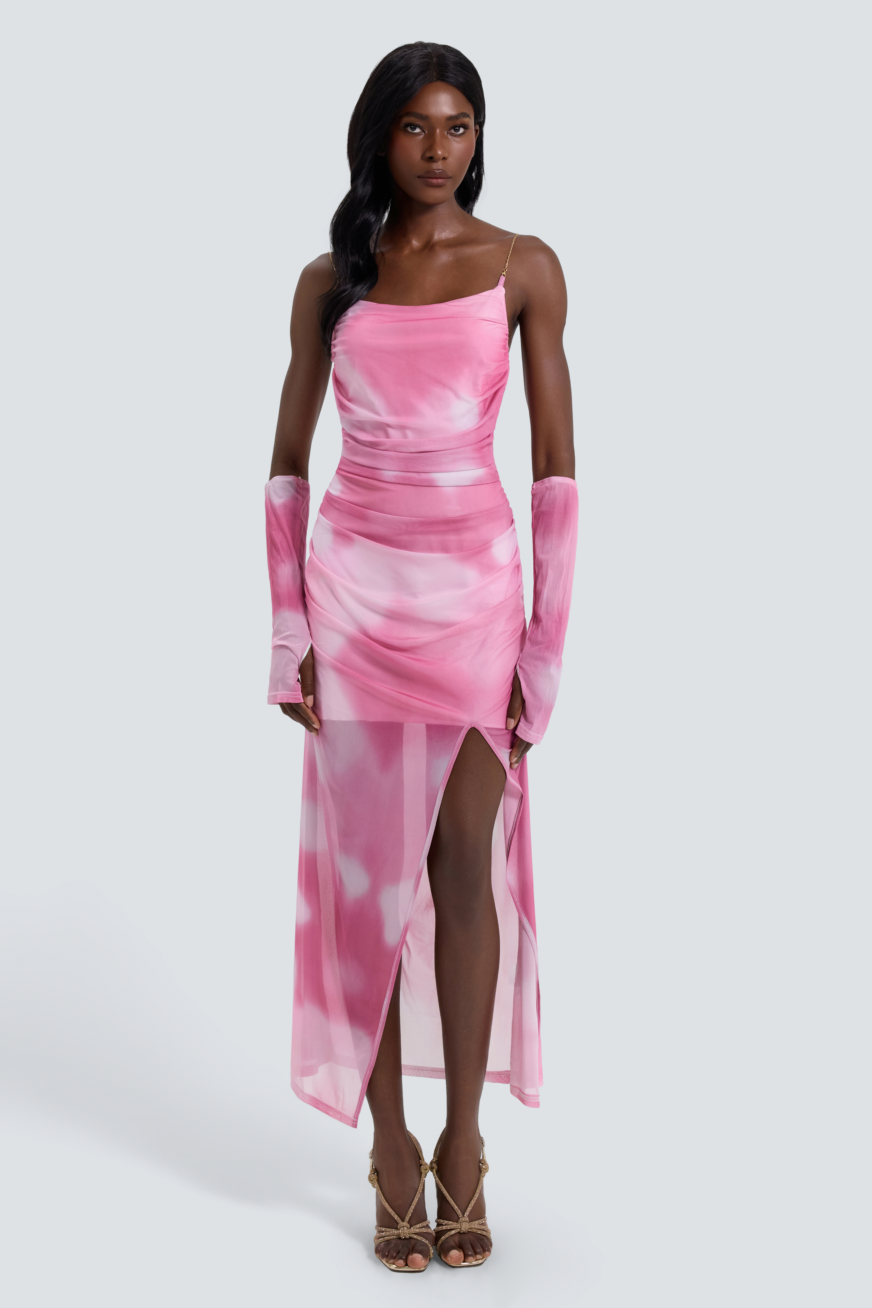 Tie Dye Mesh Slit Midi Dress With Gloves – Violet Aurora