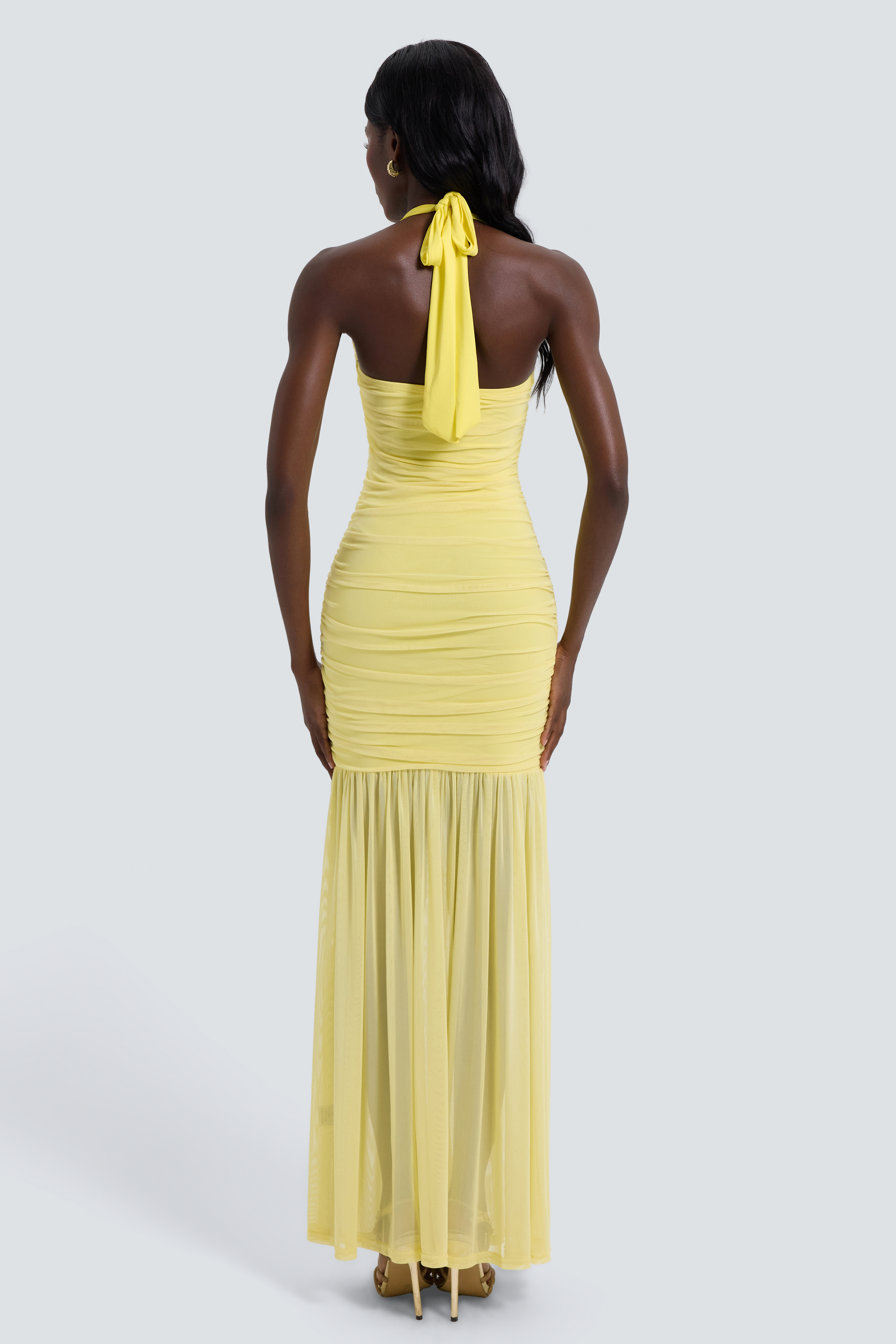 Mesh Gathering Halter Neck Maxi Dress