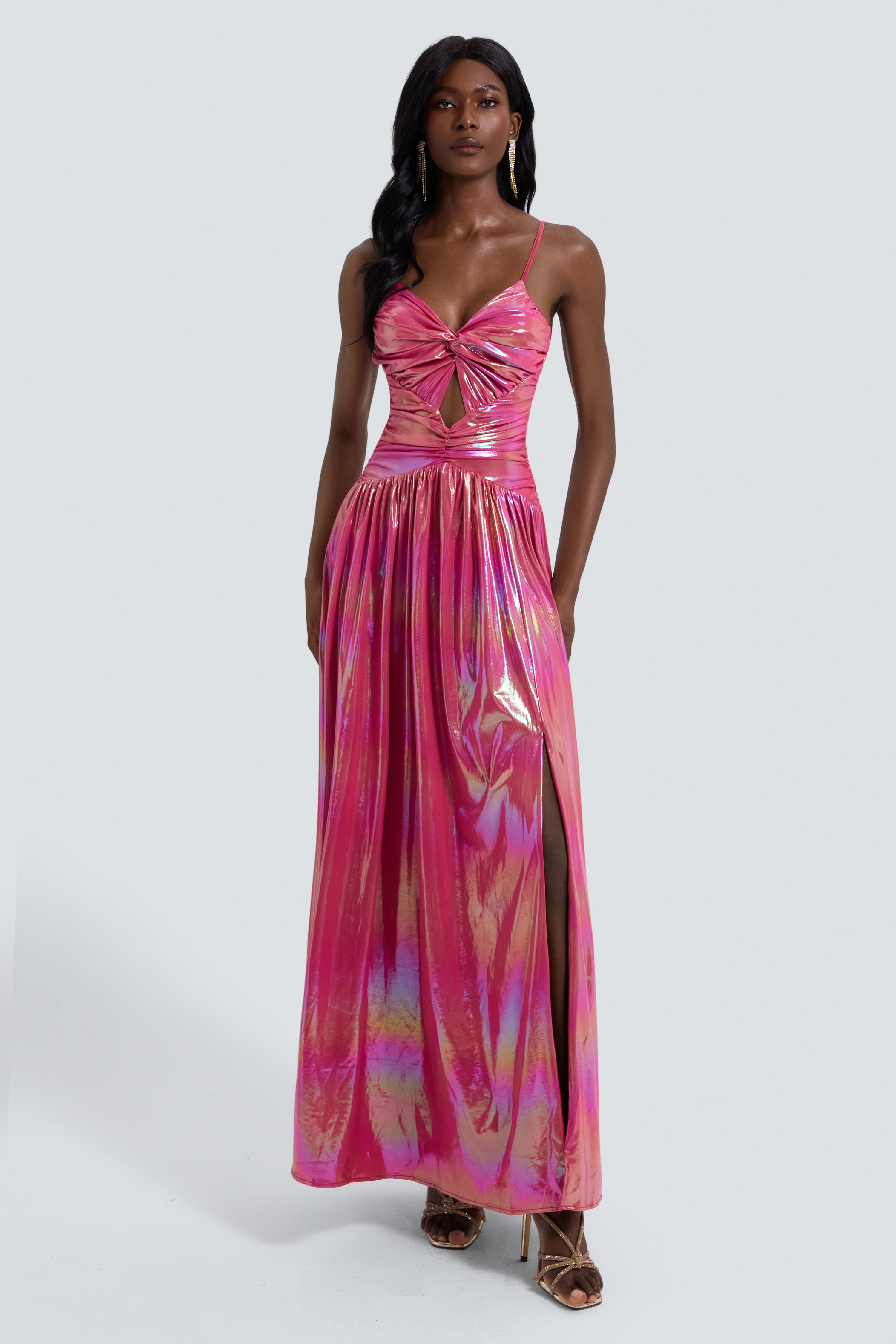 ネコドレスSET/pink Metallic Fabric Knotted Slit Maxi Dress – Violet Aurora