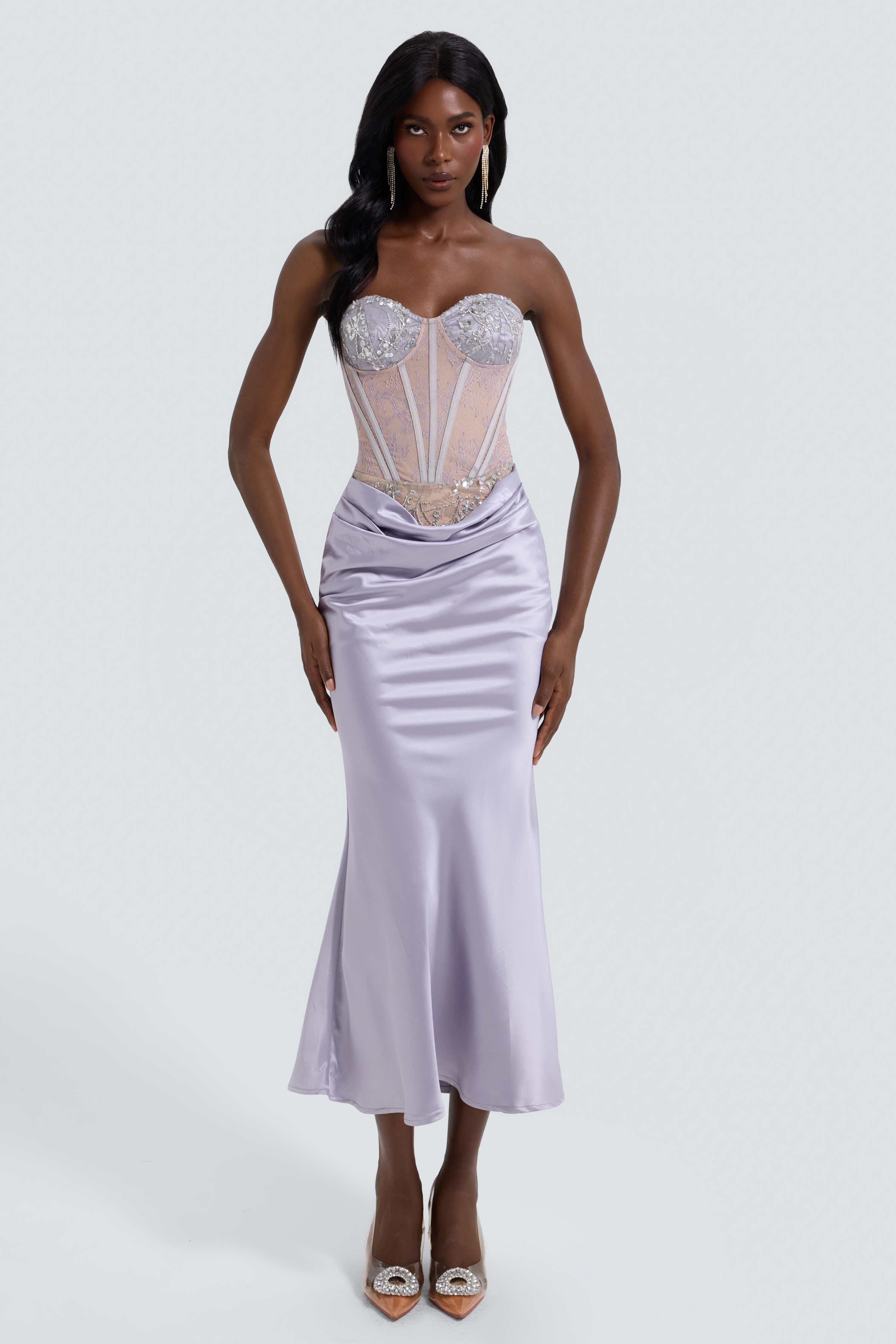 Satin Splicing Sequin Off-Shoulder Maxi Dress
