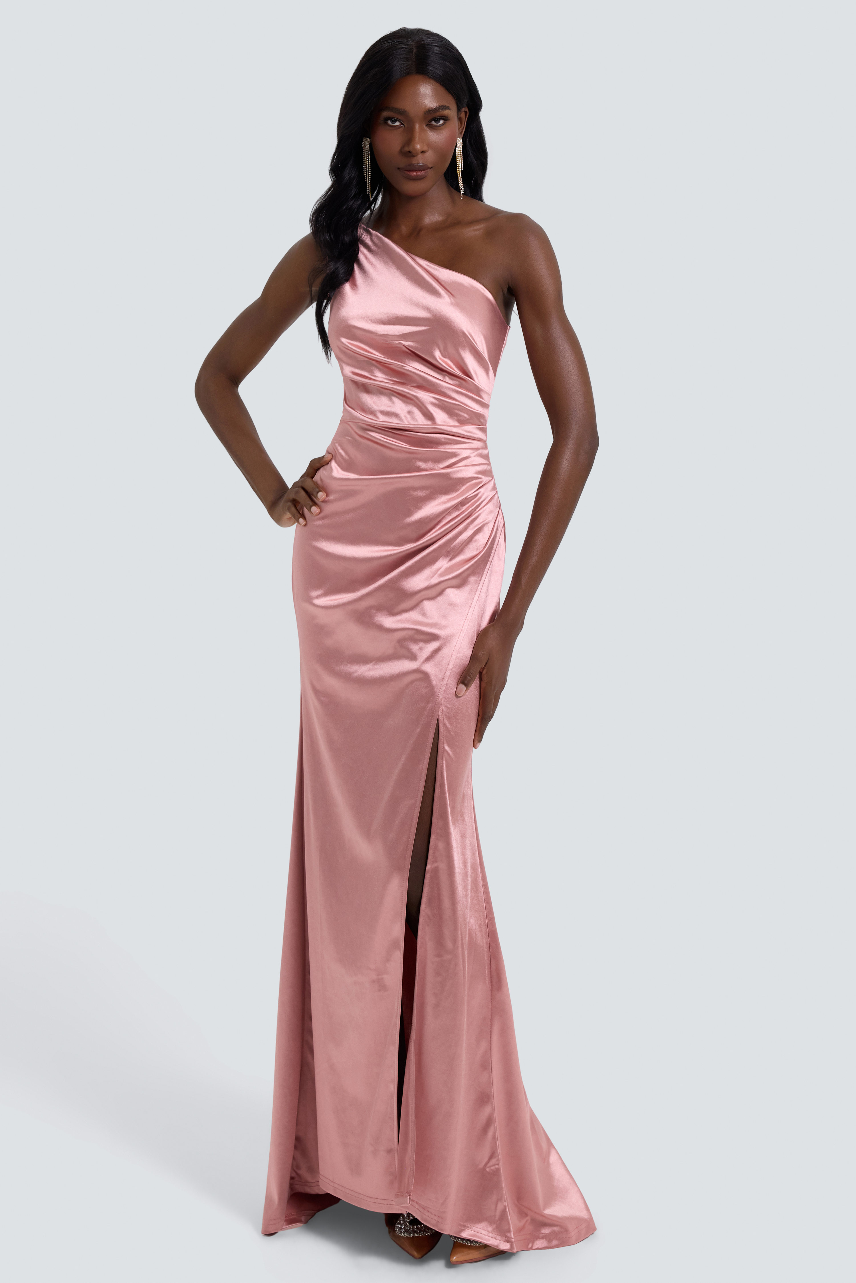 Satin - Knit One - Shoulder Pleated Maxi Dress