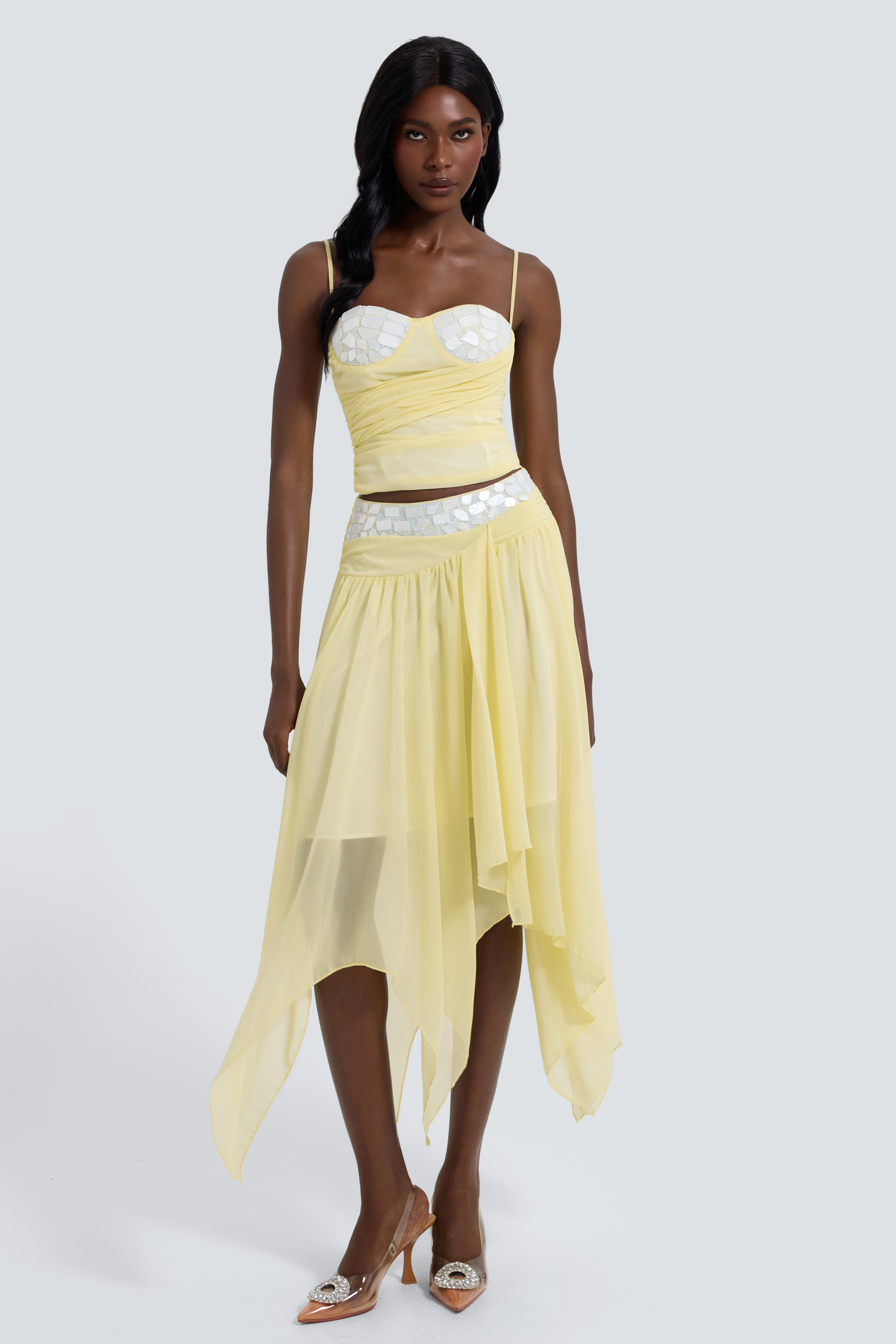 Chiffon Rhinestone Top & Low Waist Midi Skirt Set