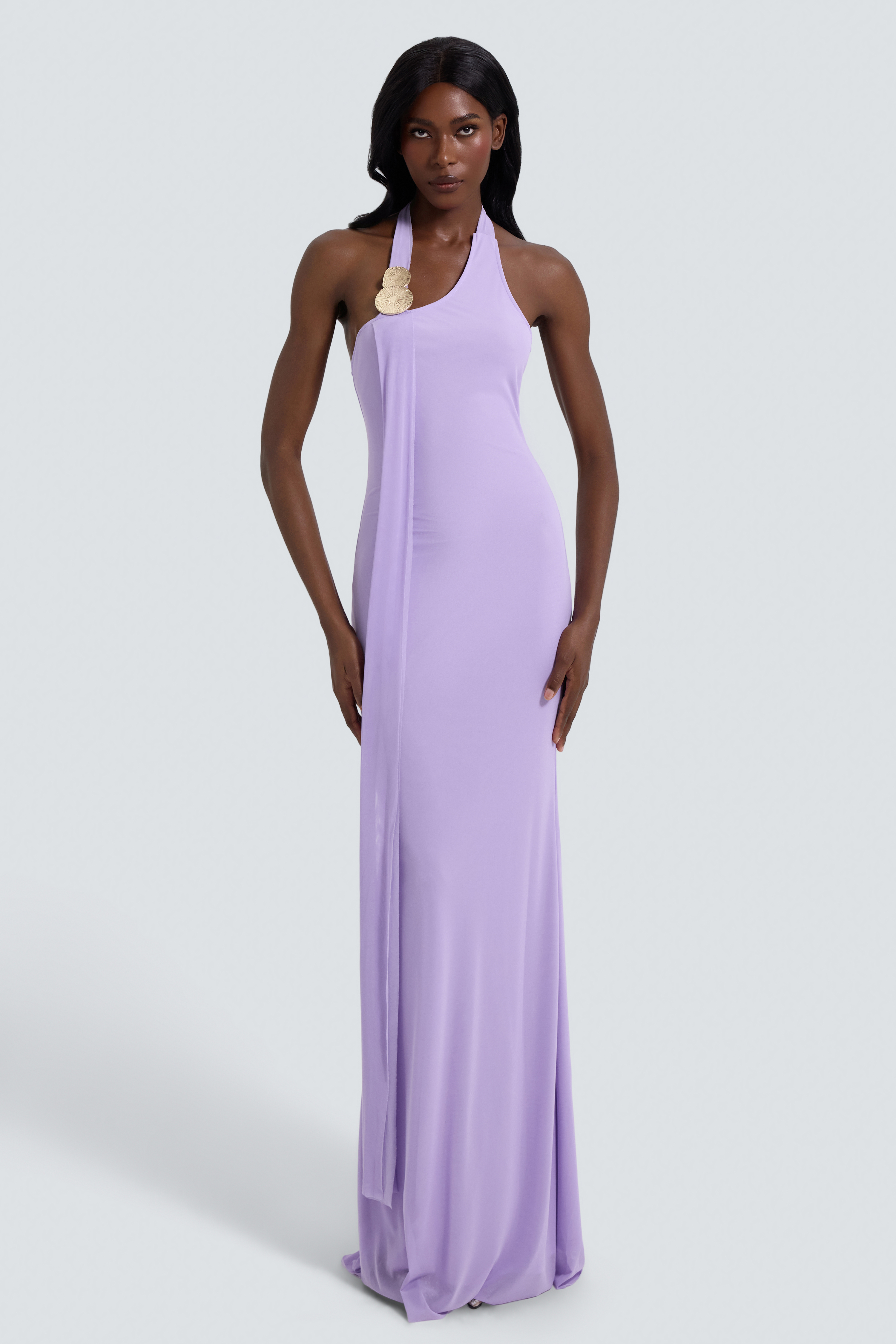 Mesh Metal Decorations Halter Neck Maxi Dress