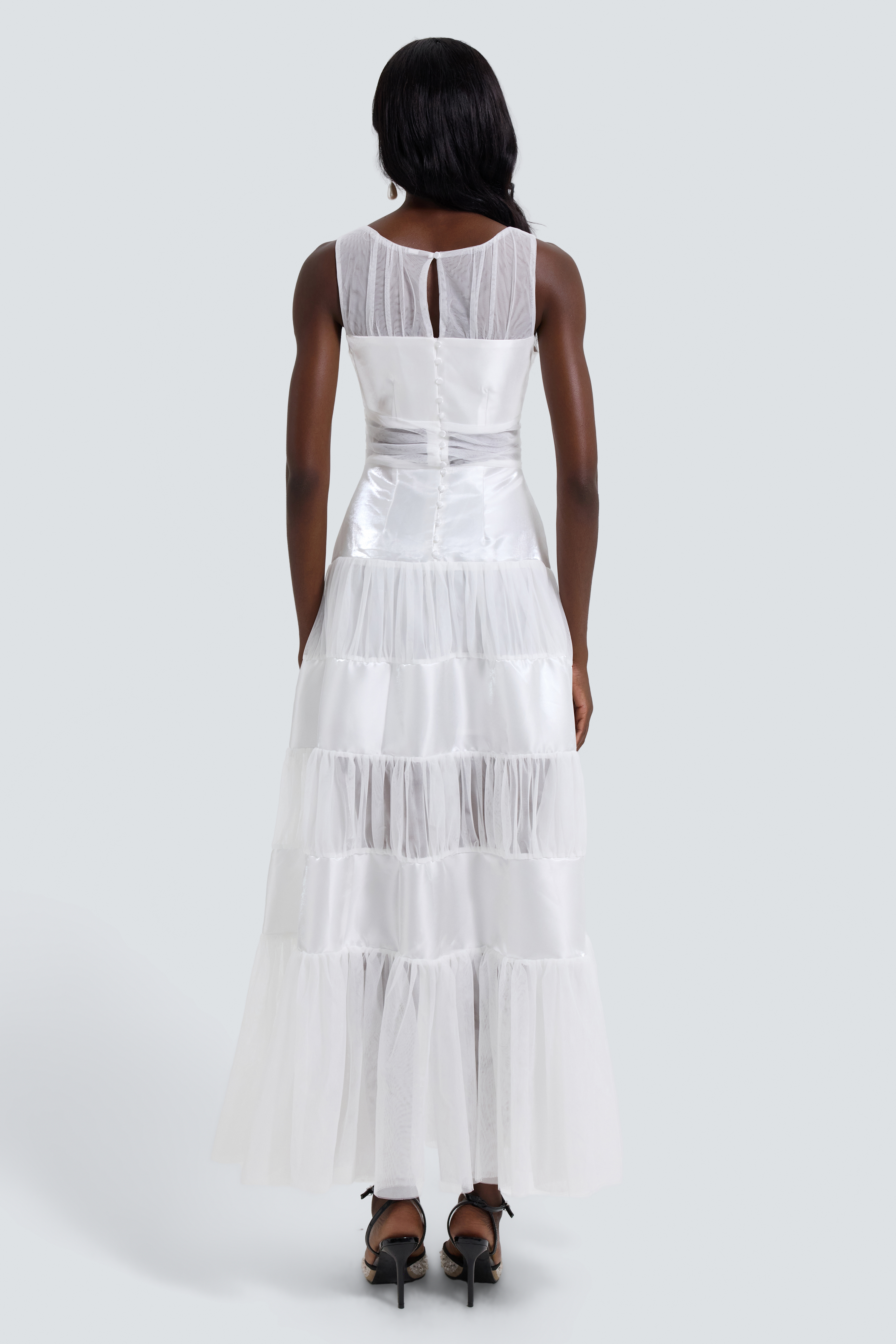 Satin Splicing Mesh Sleeveless Maxi Dress