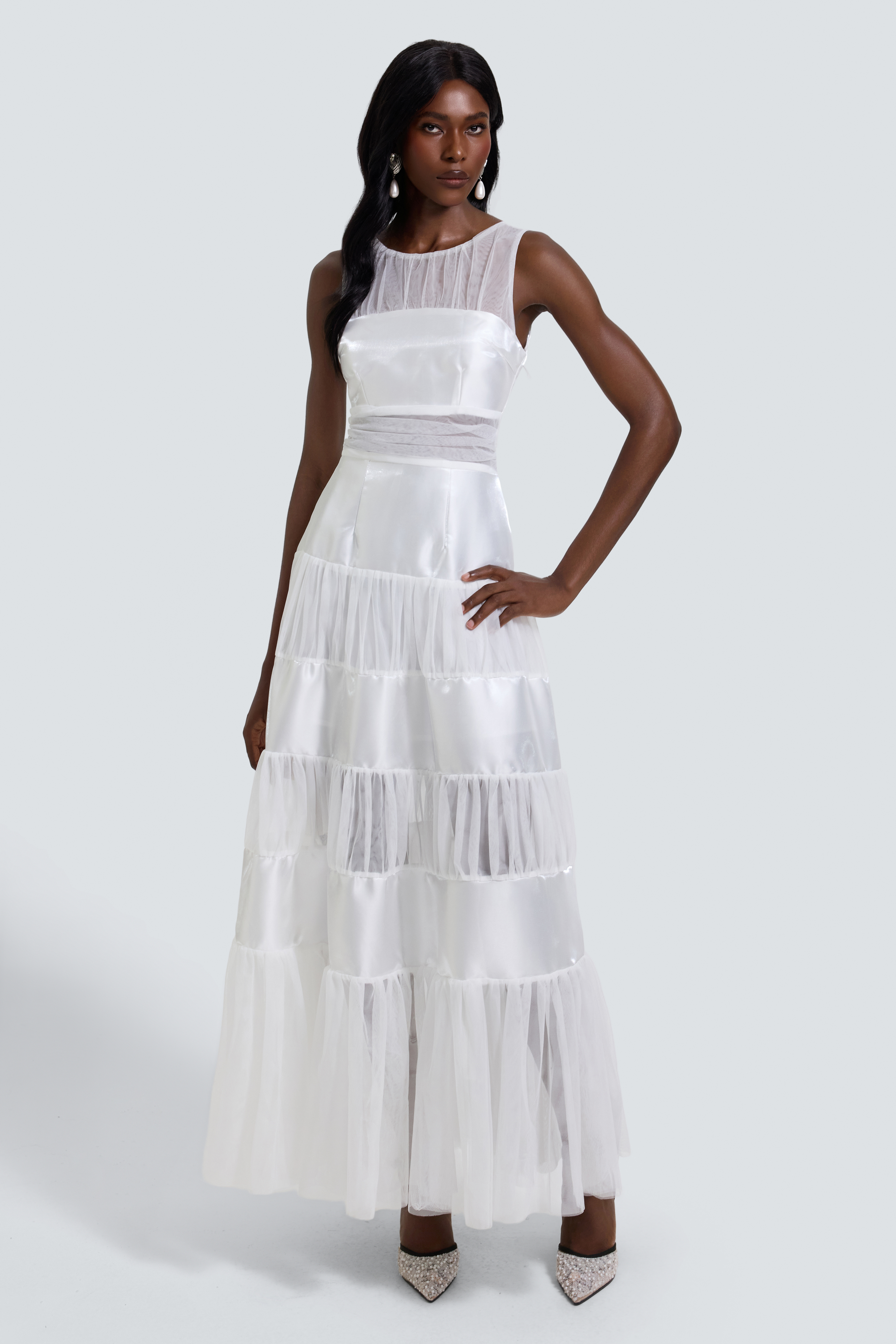 Satin Splicing Mesh Sleeveless Maxi Dress