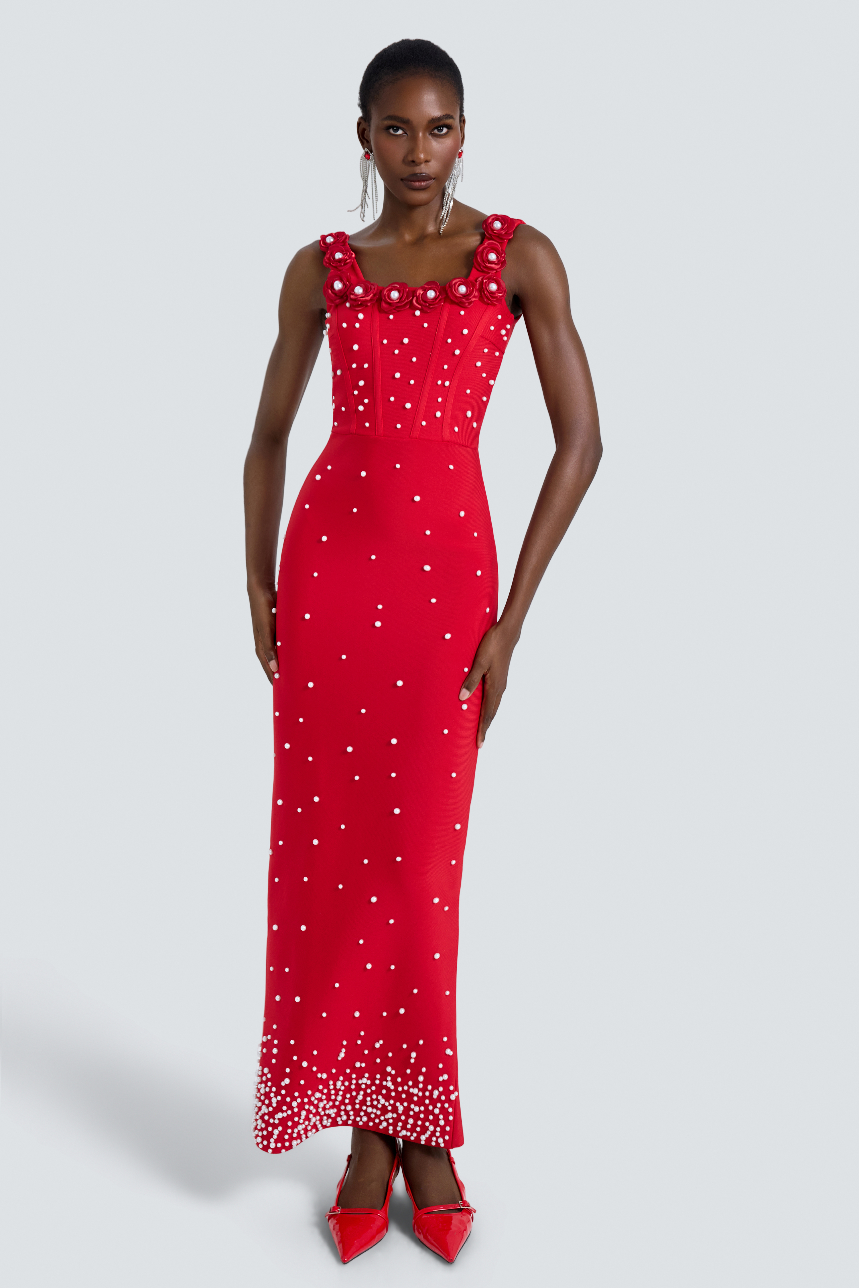 Bandage Faux Pearl Square Collar Maxi Dress