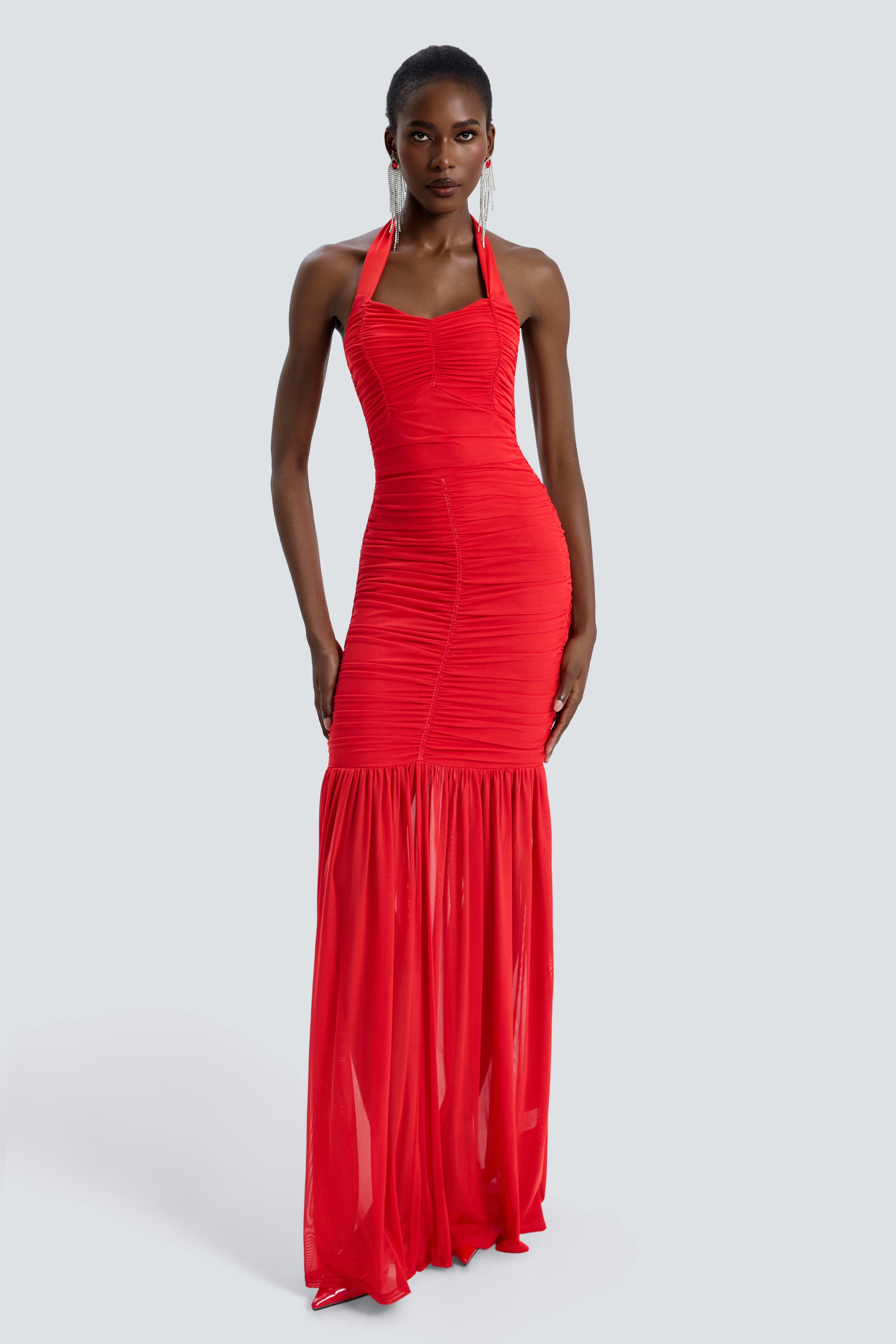 Mesh Gathering Halter Neck Maxi Dress