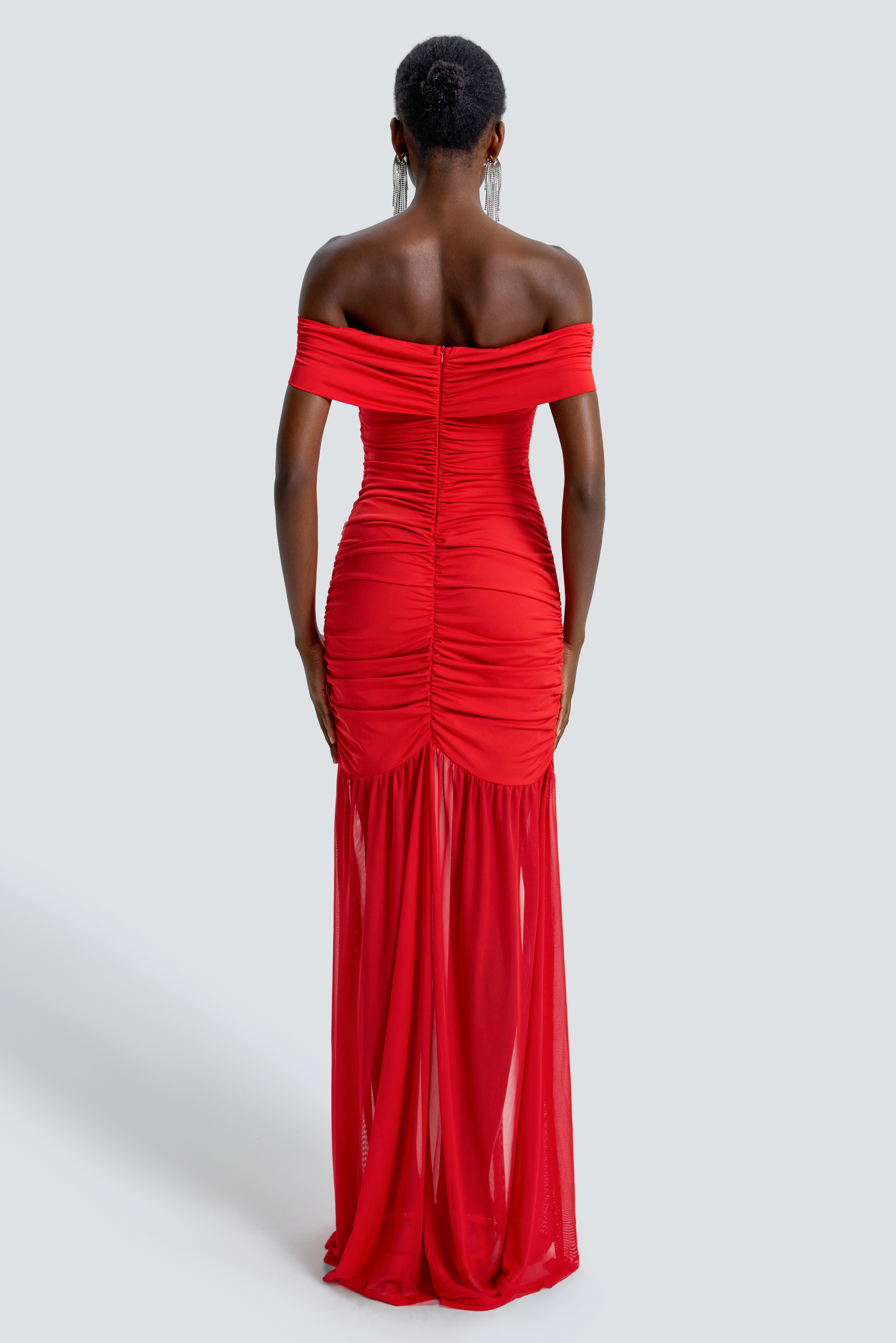 Jersey Splicing Mesh Off-Shoulder Metal Decorations Maxi Dress