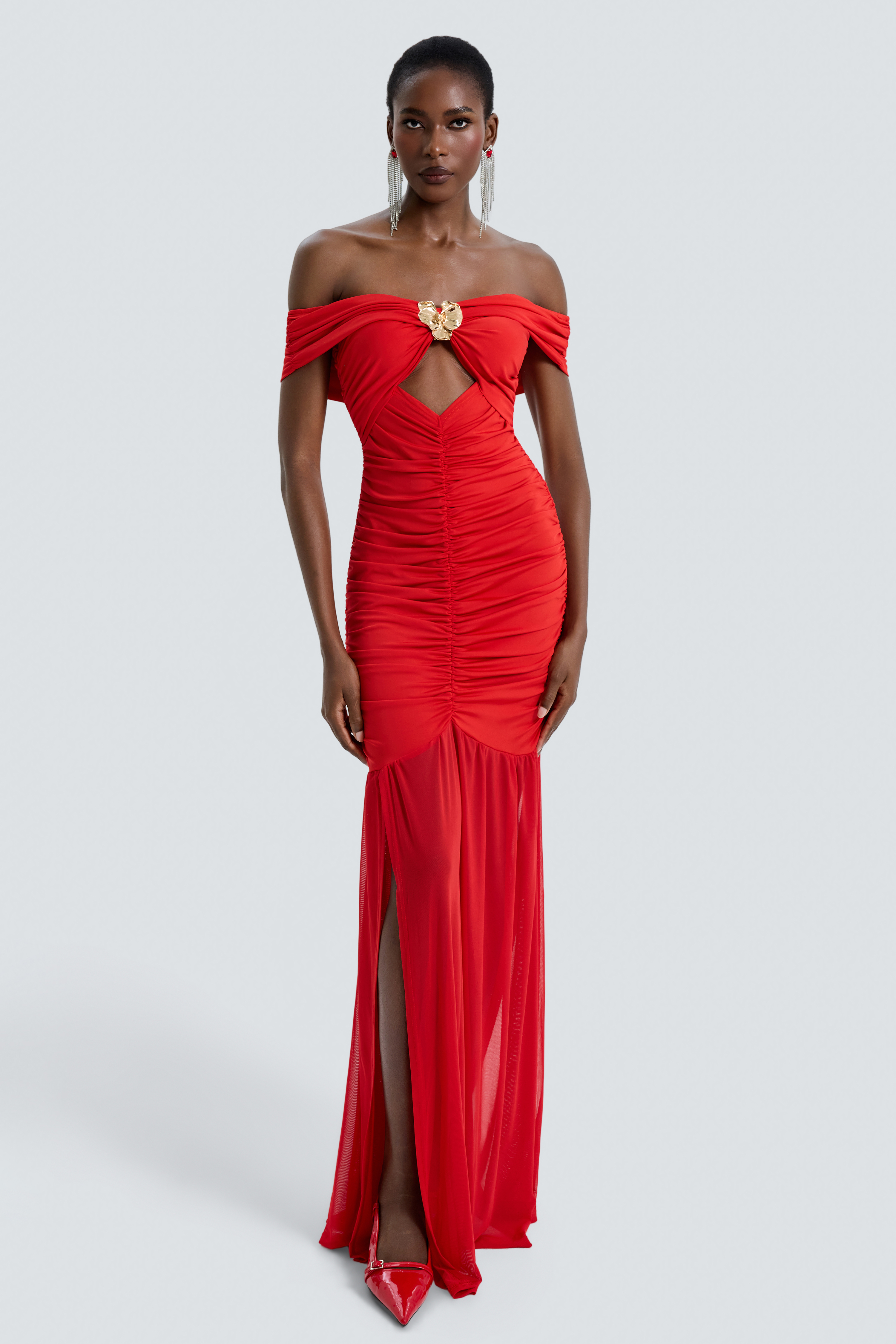 Jersey Splicing Mesh Off-Shoulder Metal Decorations Maxi Dress