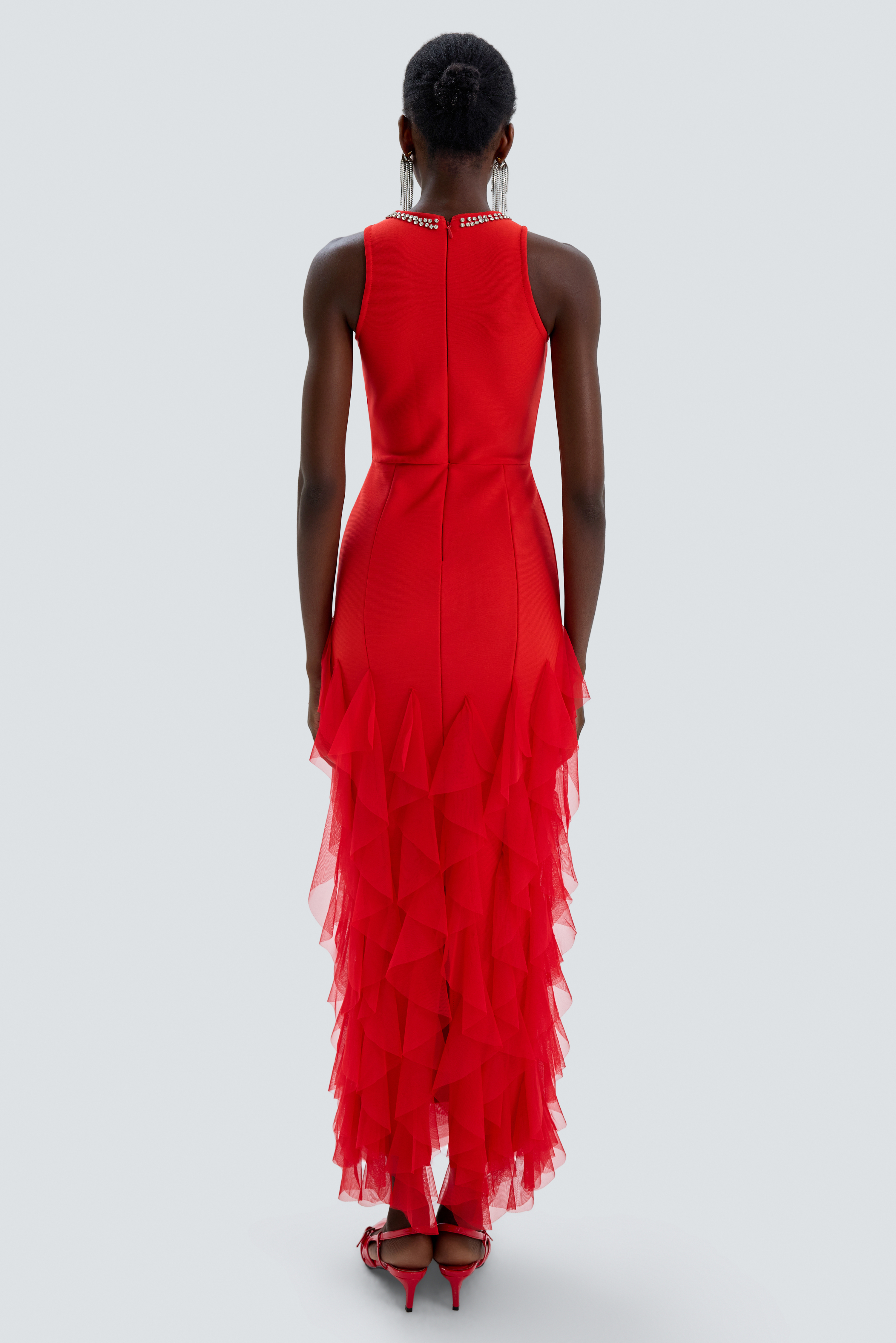 Bandage Splicing Mesh Ruffle 3D Flower Maxi Dress