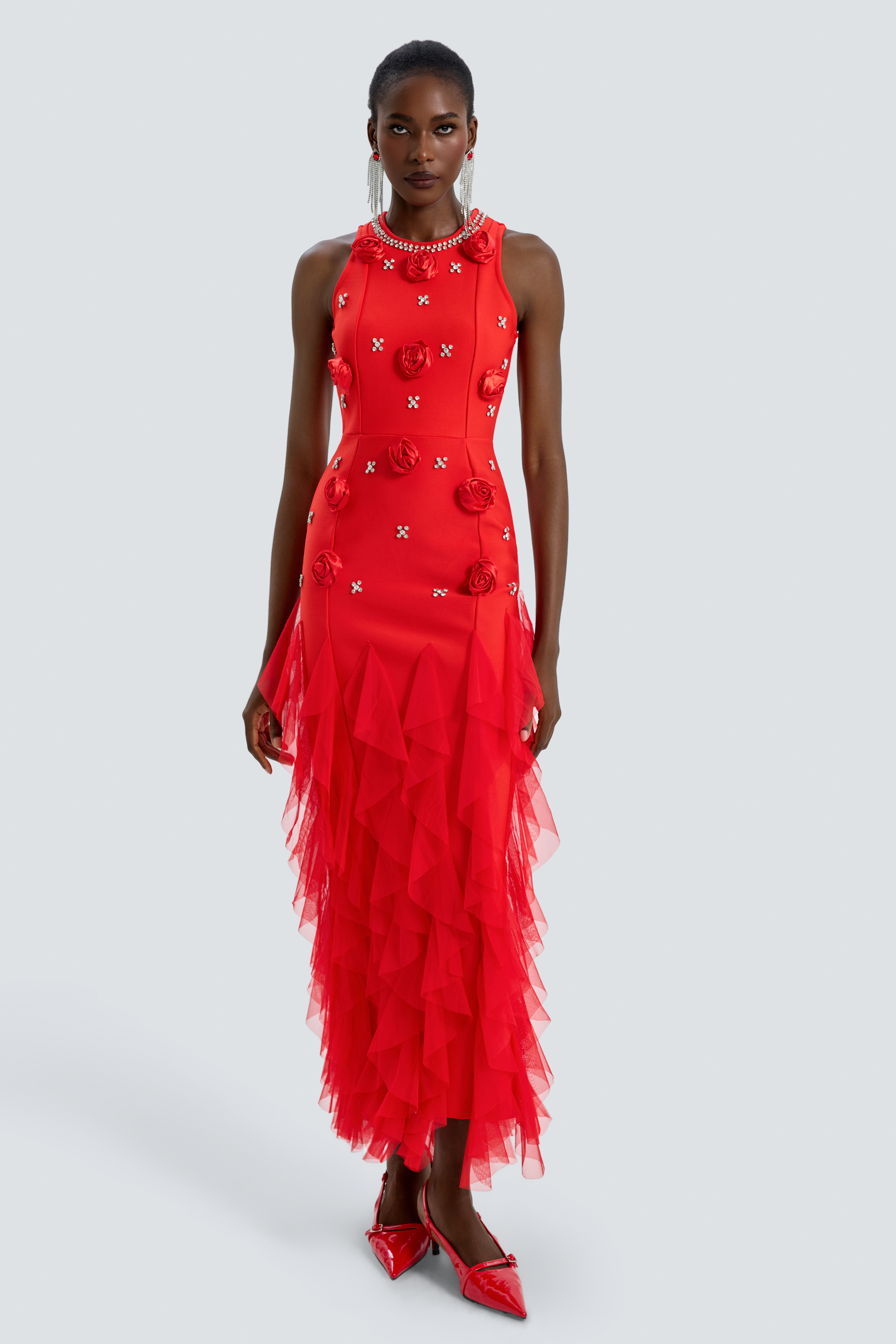 Bandage Splicing Mesh Ruffle 3D Flower Maxi Dress