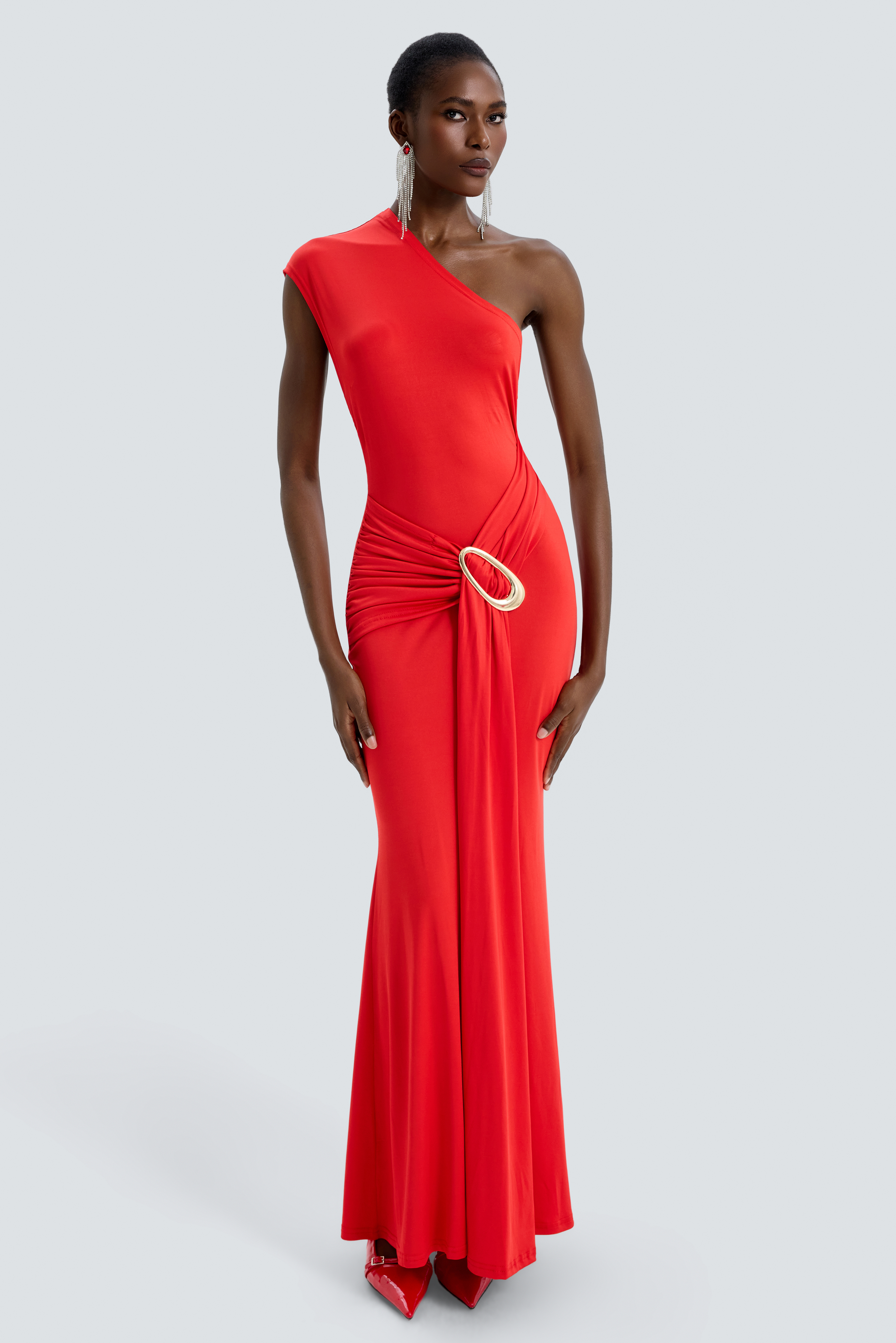 Jersey One Shoulder Metal Decorations Maxi Dress