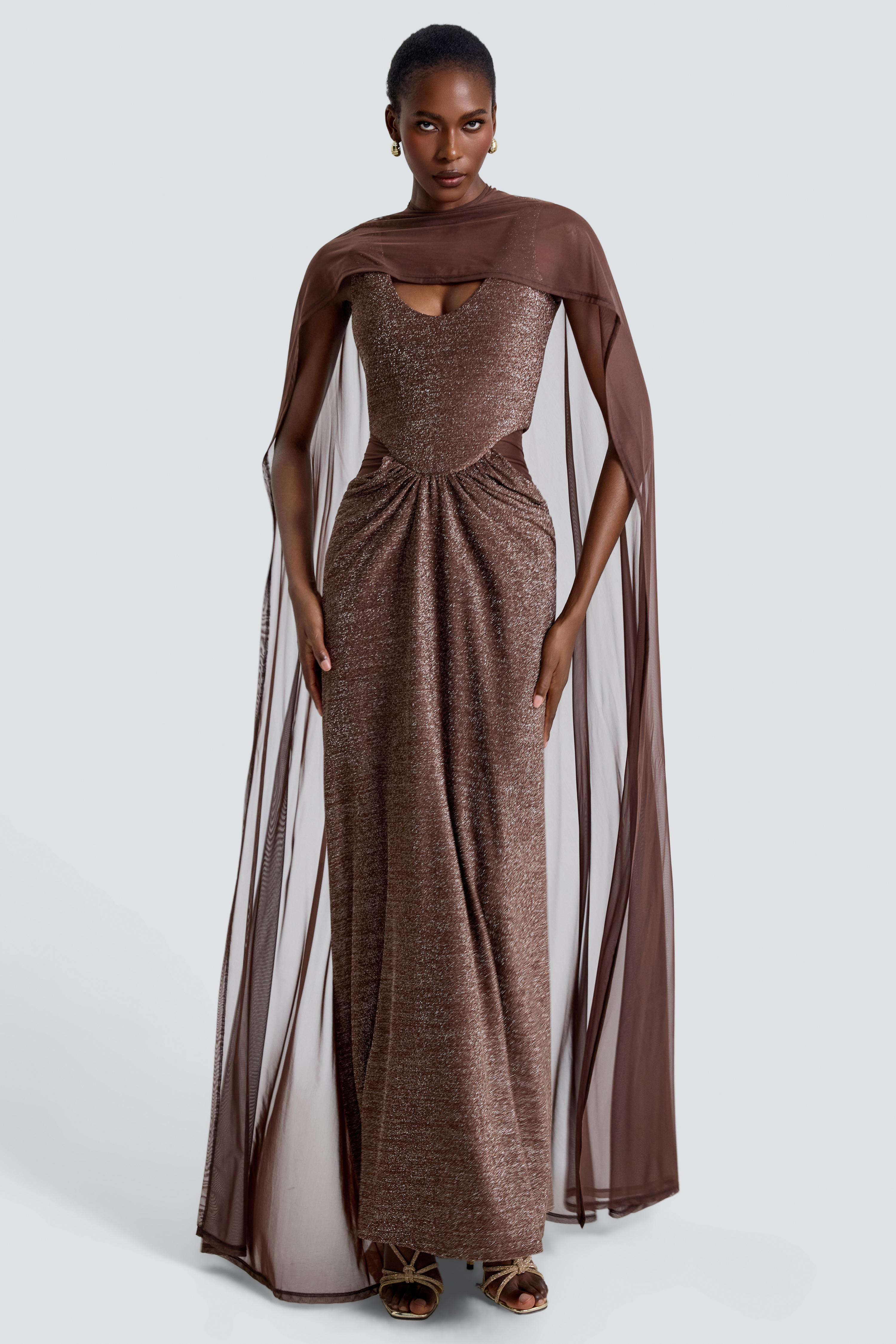 Luxury Gathering Sleeveless Maxi Dress With Cape