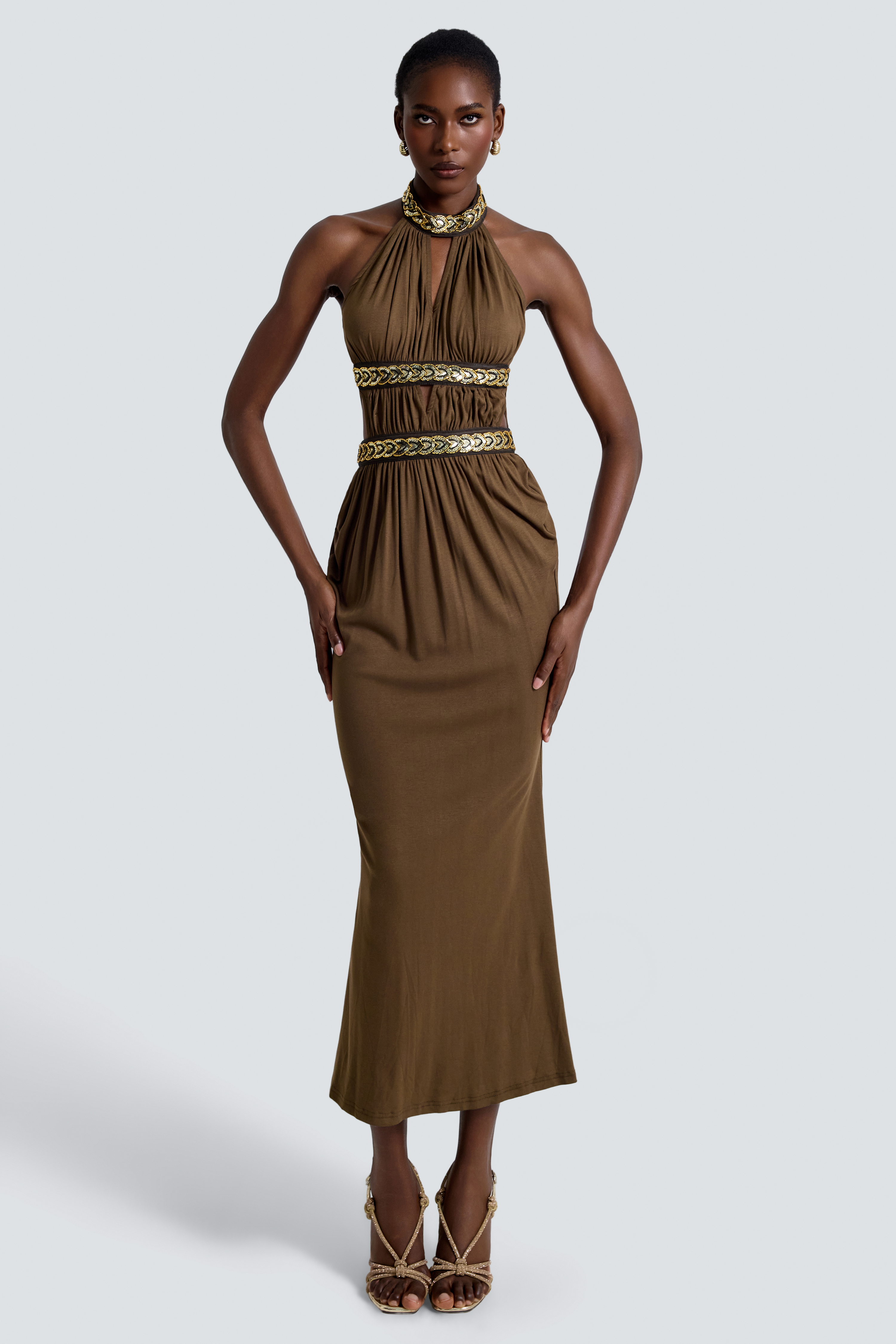 Jersey Sequin Halter Neck Maxi Dress