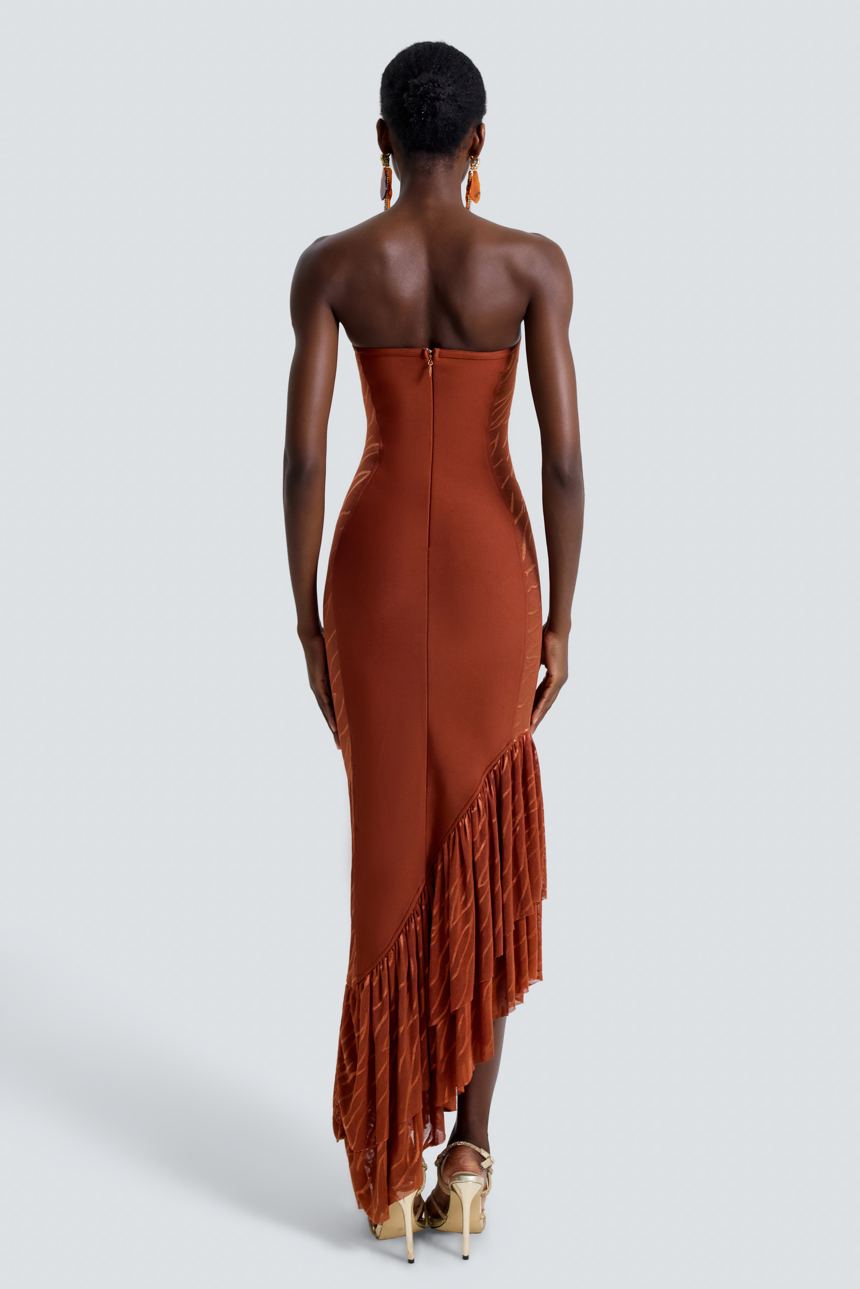 Jersey Mesh Cutout Ruffle Hem Maxi Dress