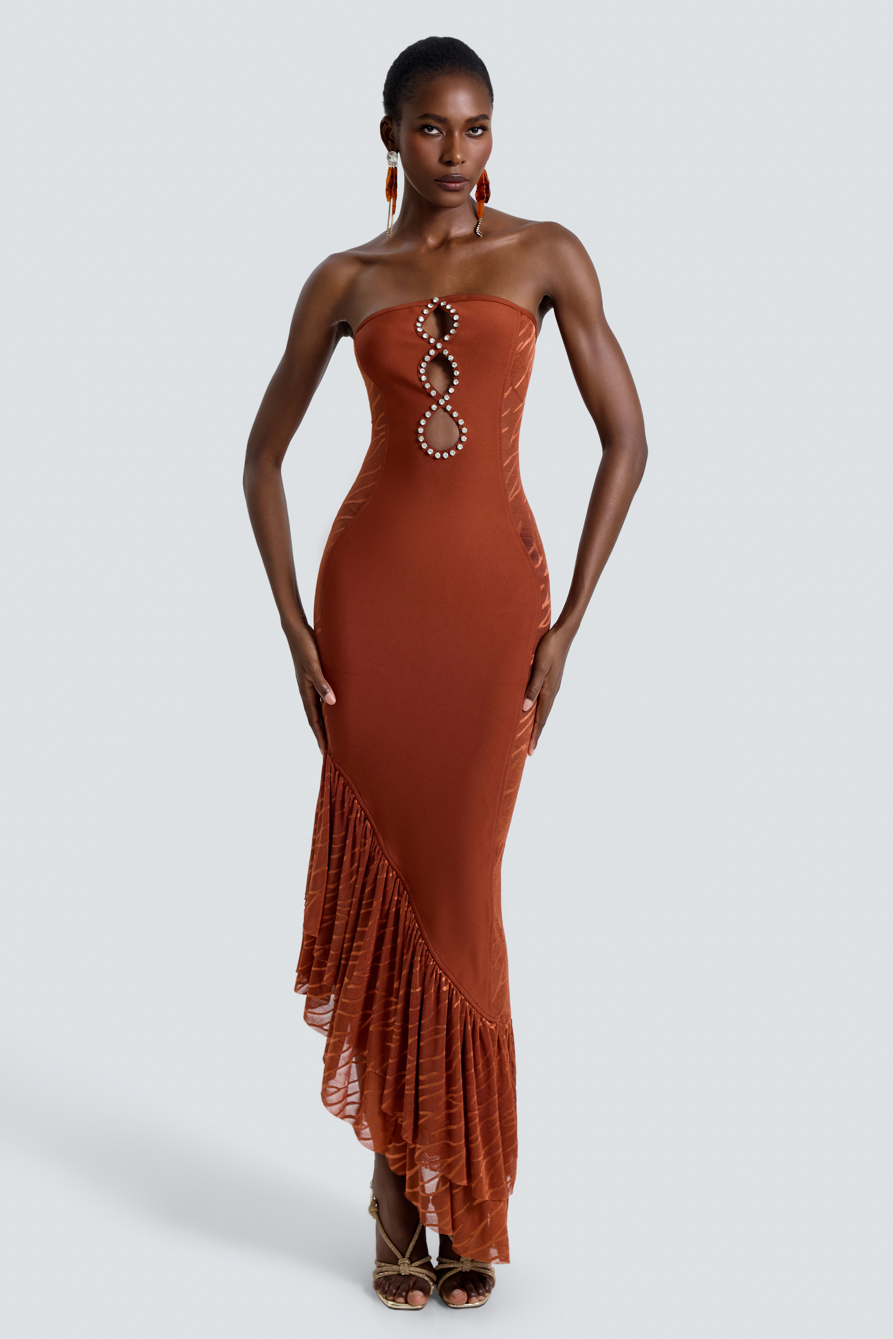 Jersey Mesh Cutout Ruffle Hem Maxi Dress