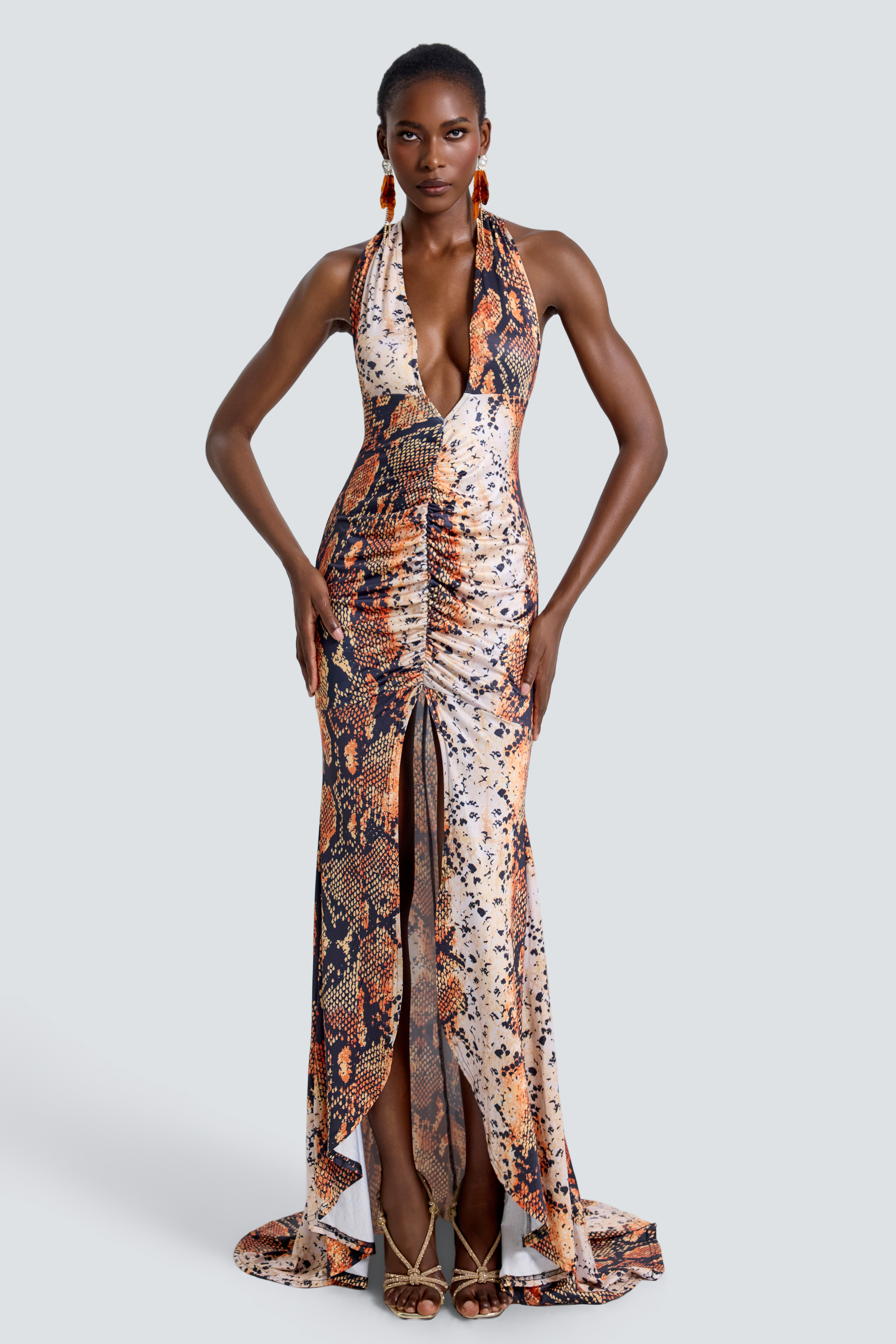Snake Print V-Neck Slit Maxi Dress